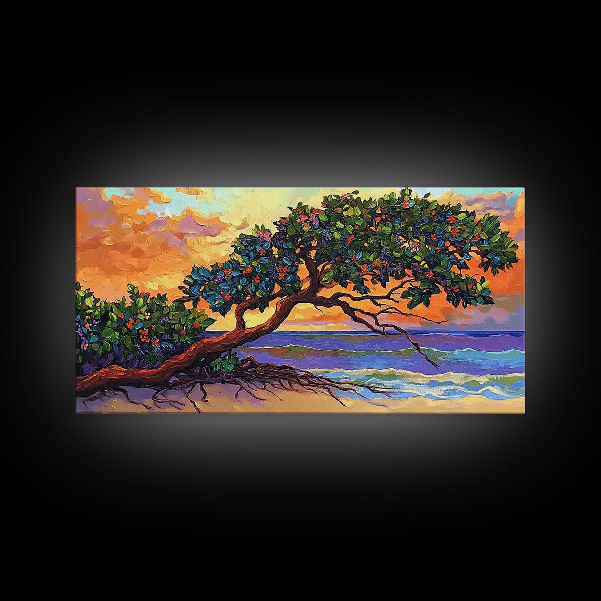 Tropical Tree, Beach, Sunset, Framed Canvas Print nature lover wall decor, boho coastal print, vibrant living room art, island art