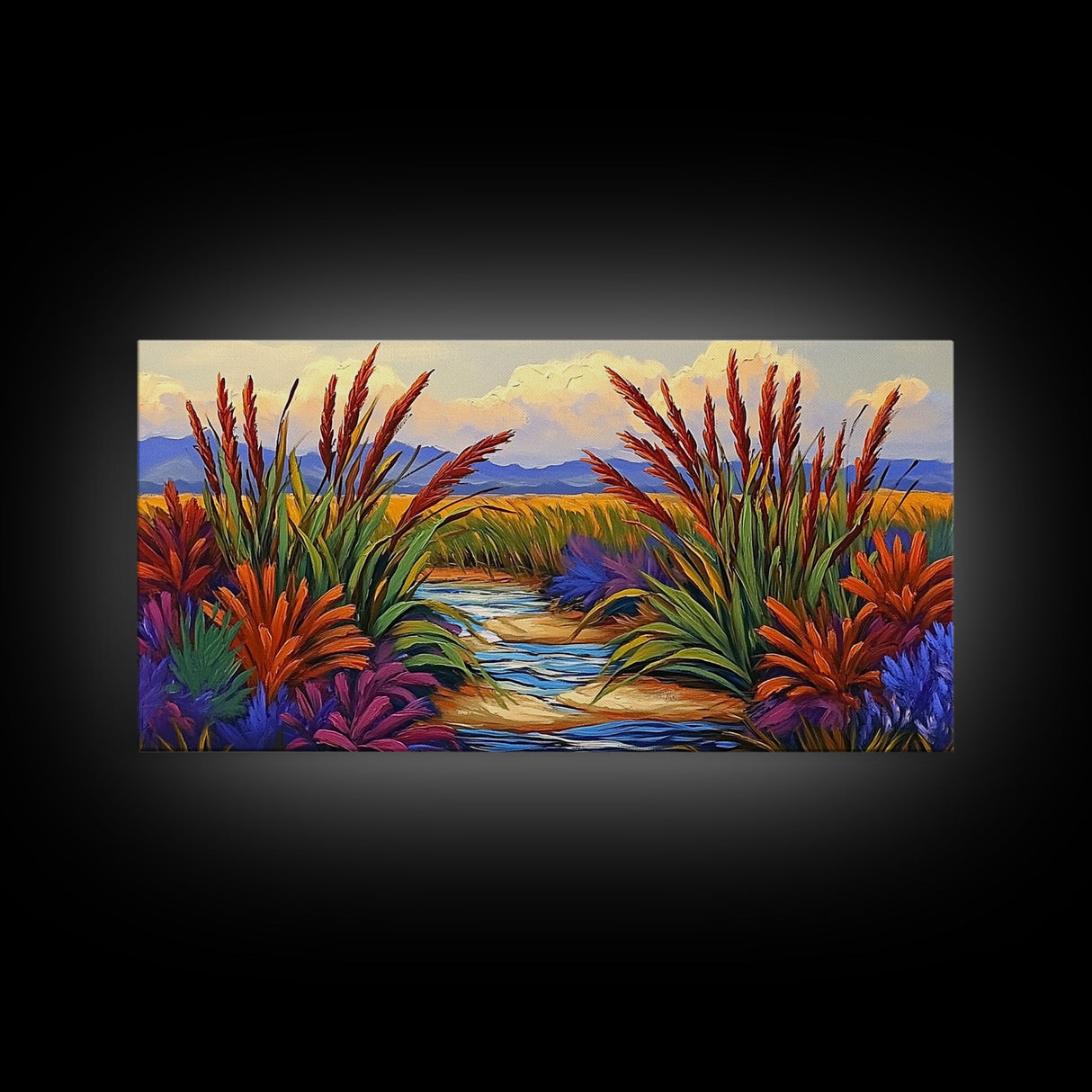 Marsh Grassland, Sunset, Scene, Framed Canvas Print rustic farmhouse art, colorful Fall wall decor, bedroom landscape canvas