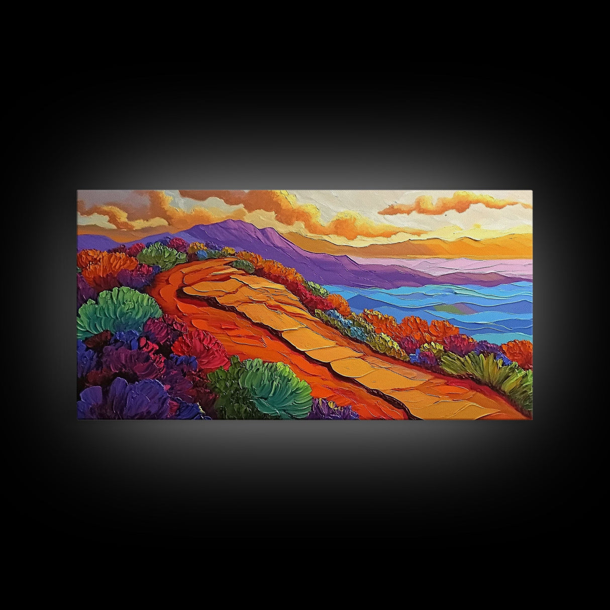 Pathway Mountain, Trail, Sunset, Framed Canvas Print adventure lovers gift, hiking trail art, colorful landscape wall decor