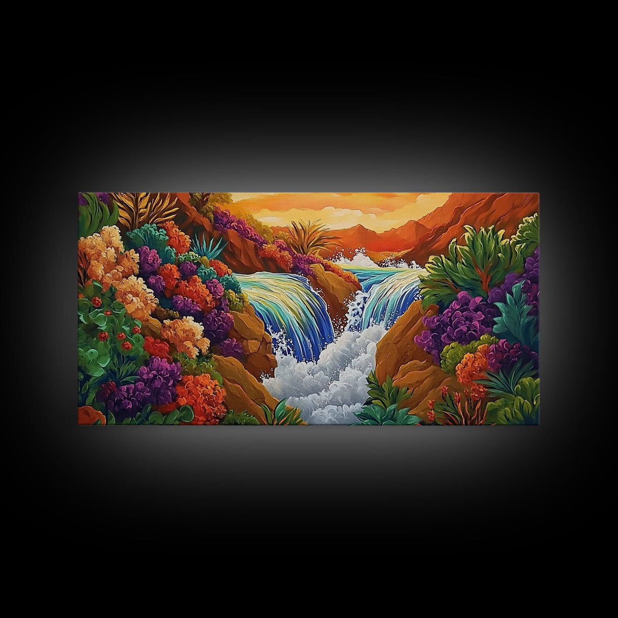 Sunset Waterfall, Vibrant Jungle, Tropical Landscape, Framed Canvas Print, Boho Wall Art, Bathroom or Bedroom Decor, Nature Painting