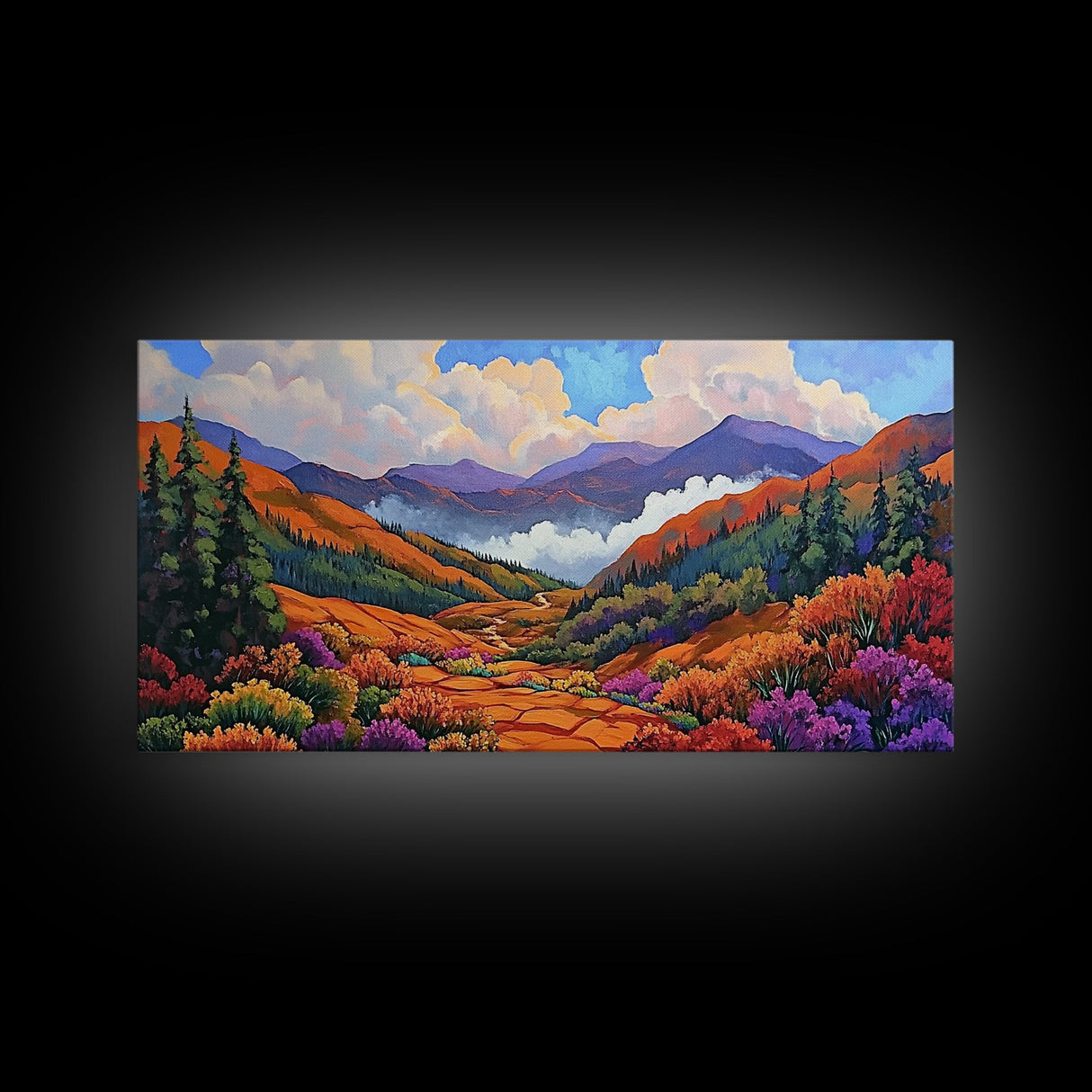 Mountain Valley, Wildflower Trail, Sunset Pathway, Canvas Print, Boho Wall Art, Bedroom or Hallway Decor, Vibrant Nature Painting