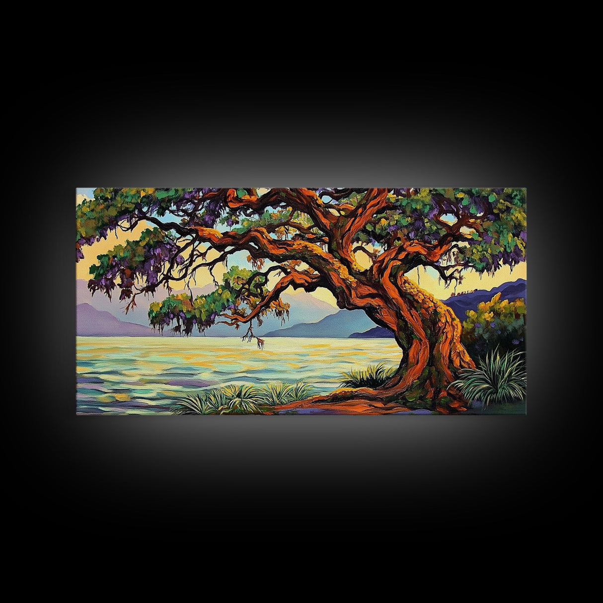 Twisted Tree, Lakeside Sunset, Majestic Oak, Canvas Print, Nature Wall Art, Living Room or Office Decor, Scenic Landscape Painting