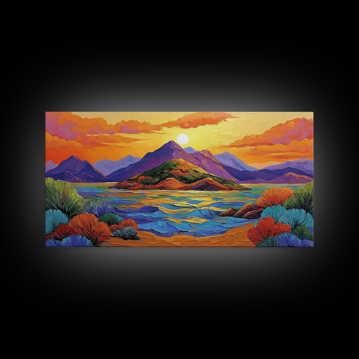 Island Sunset, Mountain Horizon, Ocean Glow, Framed Canvas Print, Bold Wall Art, Bedroom or Office Decor, Tropical Paradise Painting