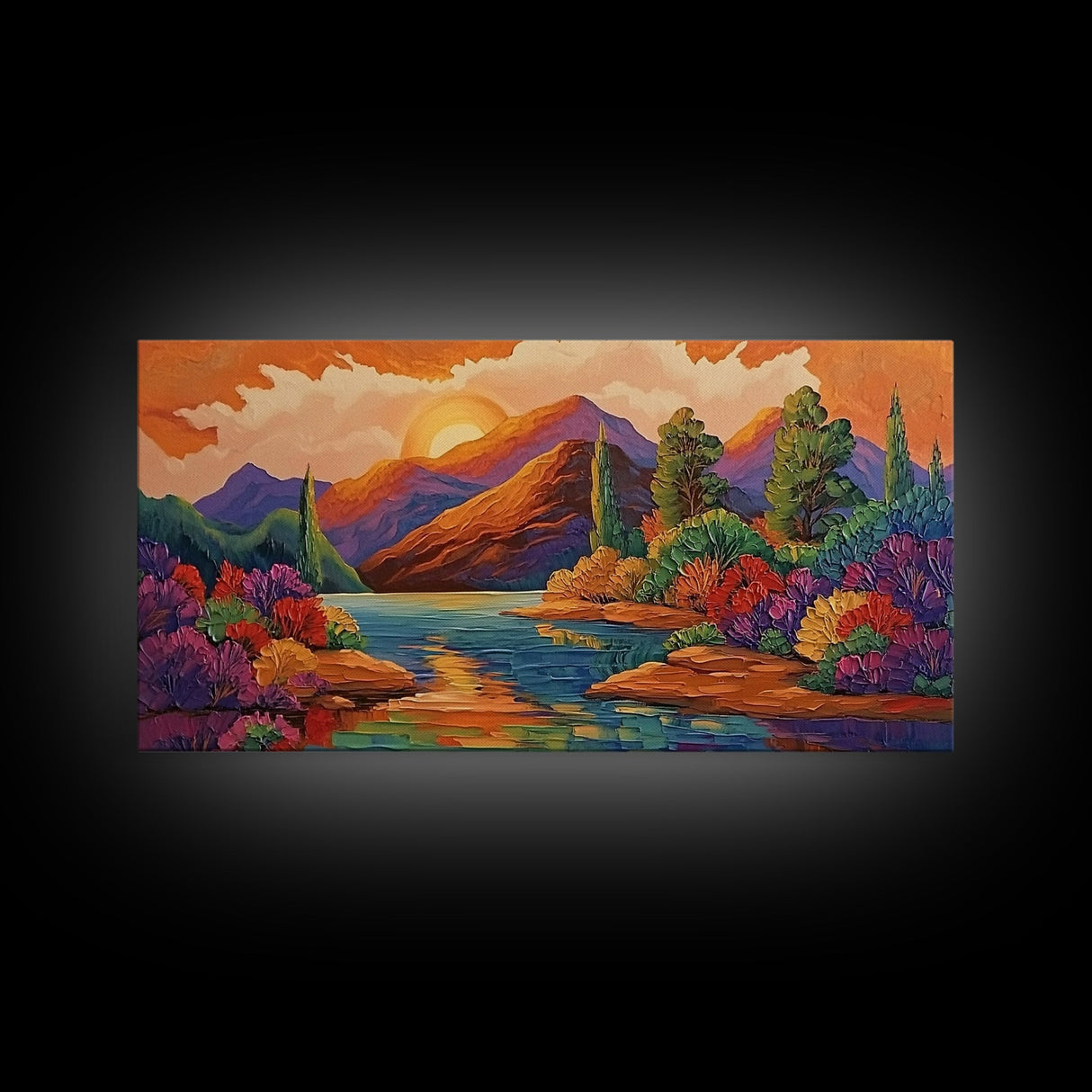 Sunset Lake, Autumn Trees, Mountain Reflections, Framed Canvas Print, Cozy Fall Wall Art, Bedroom Decor, Warm Landscape Painting