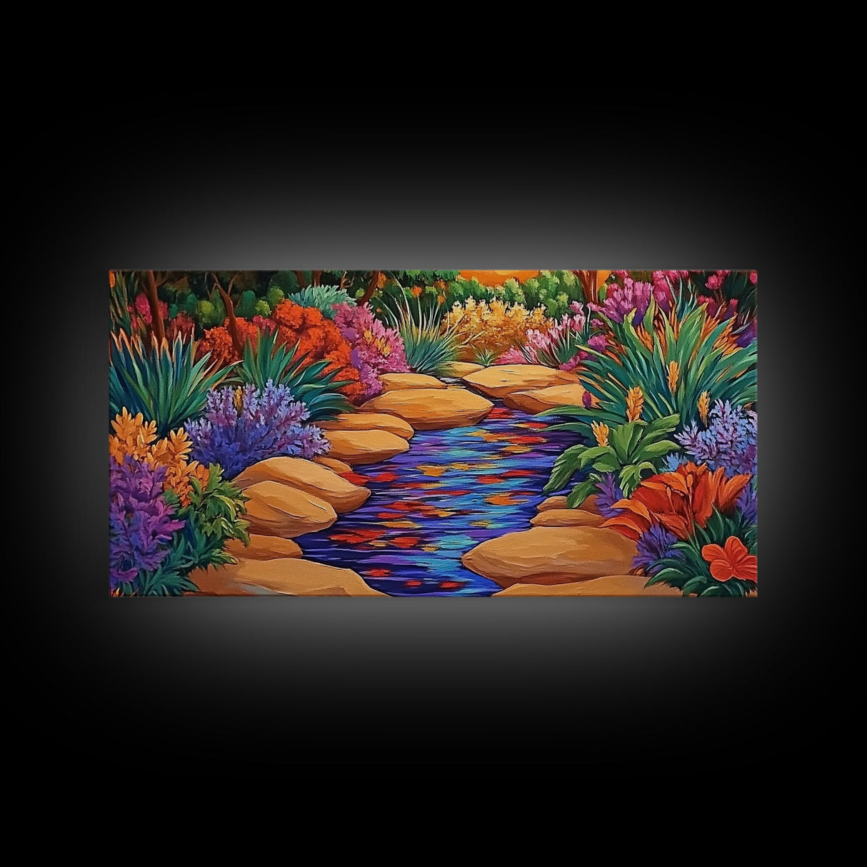 Stone Stream, Sunset Path, Desert Garden, Canvas Print, Nature Inspired Wall Art, Living Room Decor, Boho Botanical Style