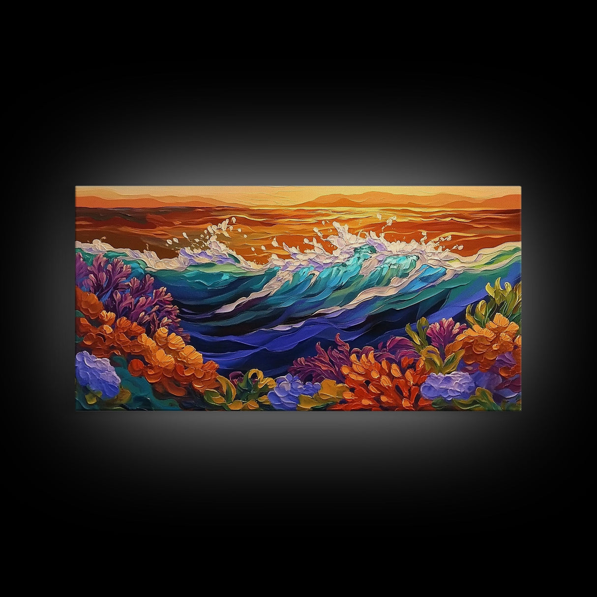 Ocean Bloom, Sunset Surf, Tropical Waves, Canvas Print, Vibrant Coastal Wall Art, Beach House Decor, Colorful Seascape Painting