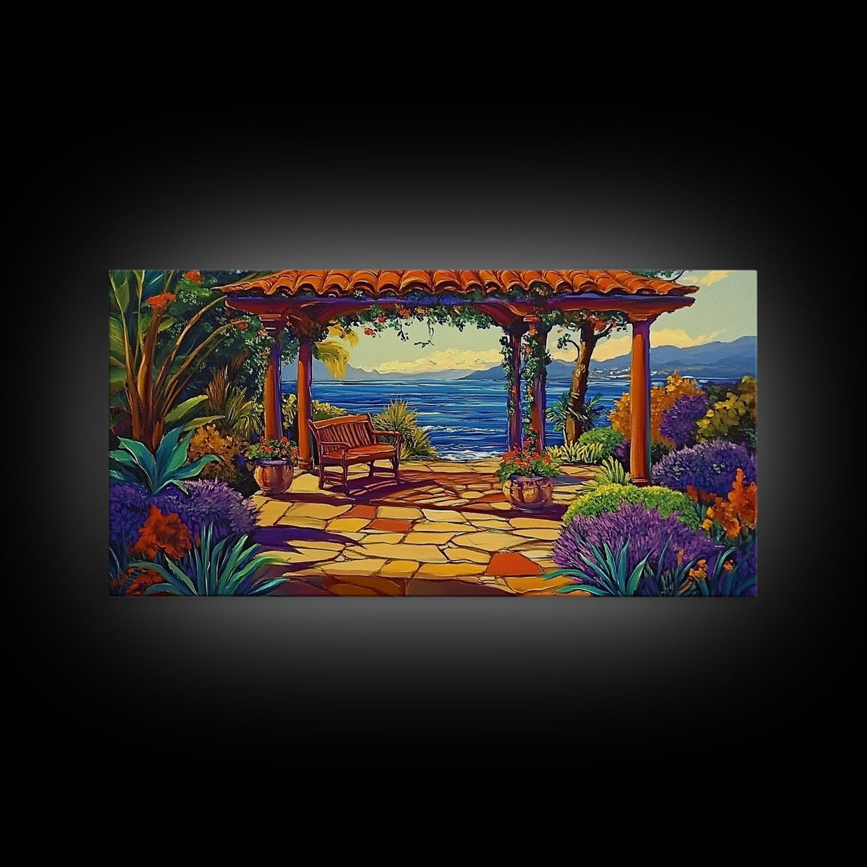 Garden Ocean View, Terrace, Framed Canvas Print, Serene garden bench by the ocean with colorful flowers, perfect Living Room Wall Art