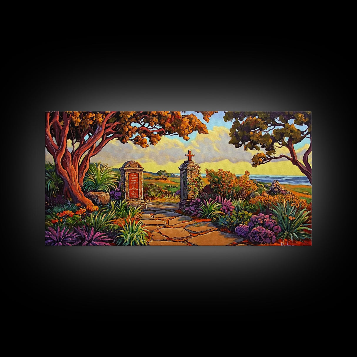 Cross Memorial, Sunset, Framed Canvas Print, Peaceful Autumn scene with cross and mountain view, ideal Fall Living Room Wall Art