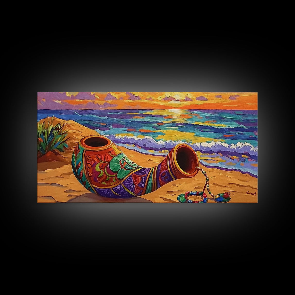 Horn Sand, Sunset, Shore, Framed Canvas Print boho beach decor, living room Mexican art, coastal horn painting, rustic folk art
