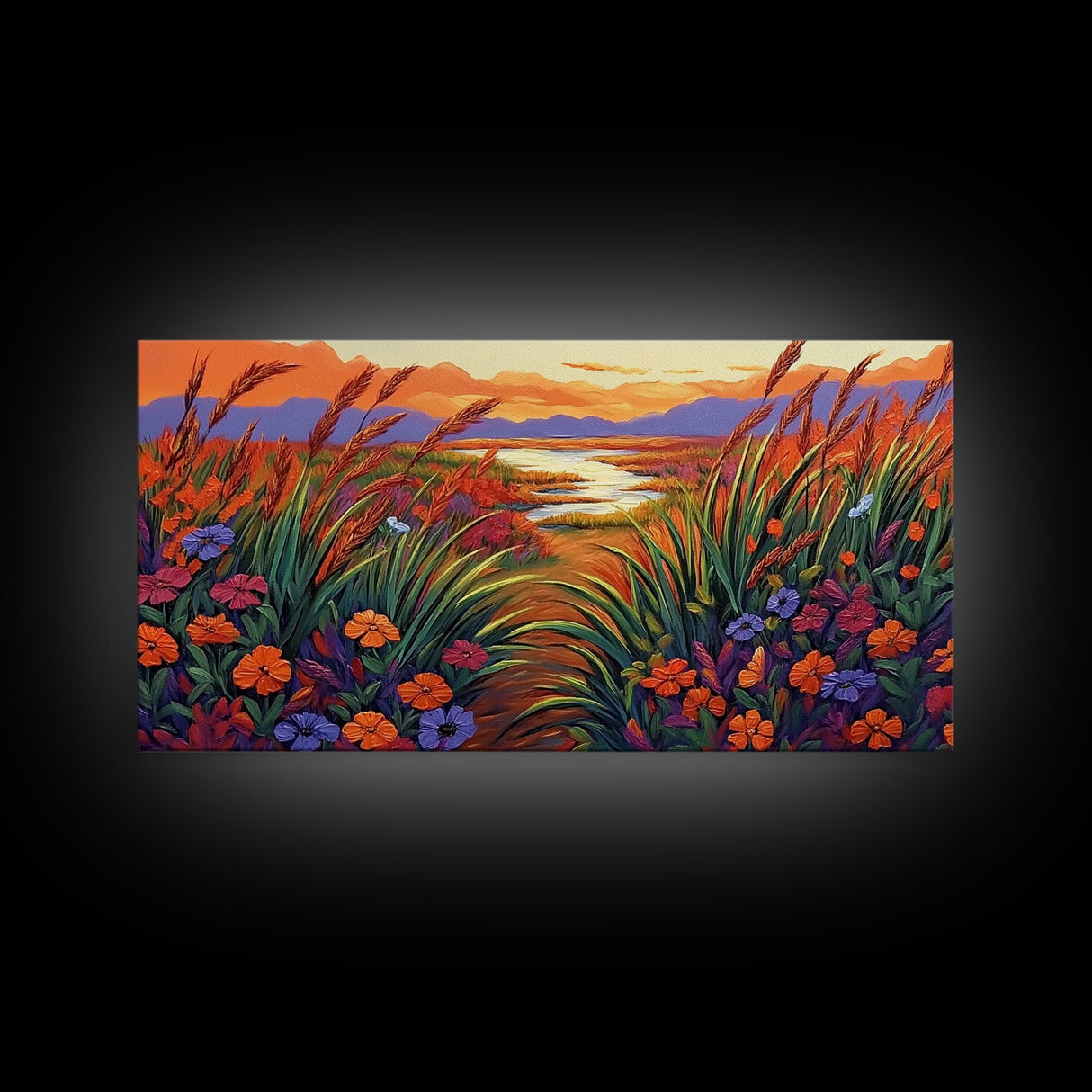 Wildflowers, River, Mountains, Autumn, Canvas Print fall floral decor, rustic meadow art, nature landscape painting, country living room