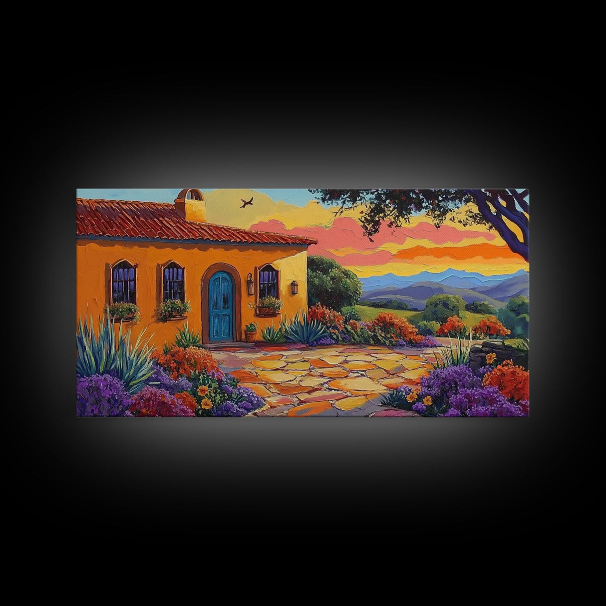 House Sunset, Garden, Southwest, Framed Canvas Print warm adobe home wall art, colorful southwestern sunset print, cozy kitchen decor
