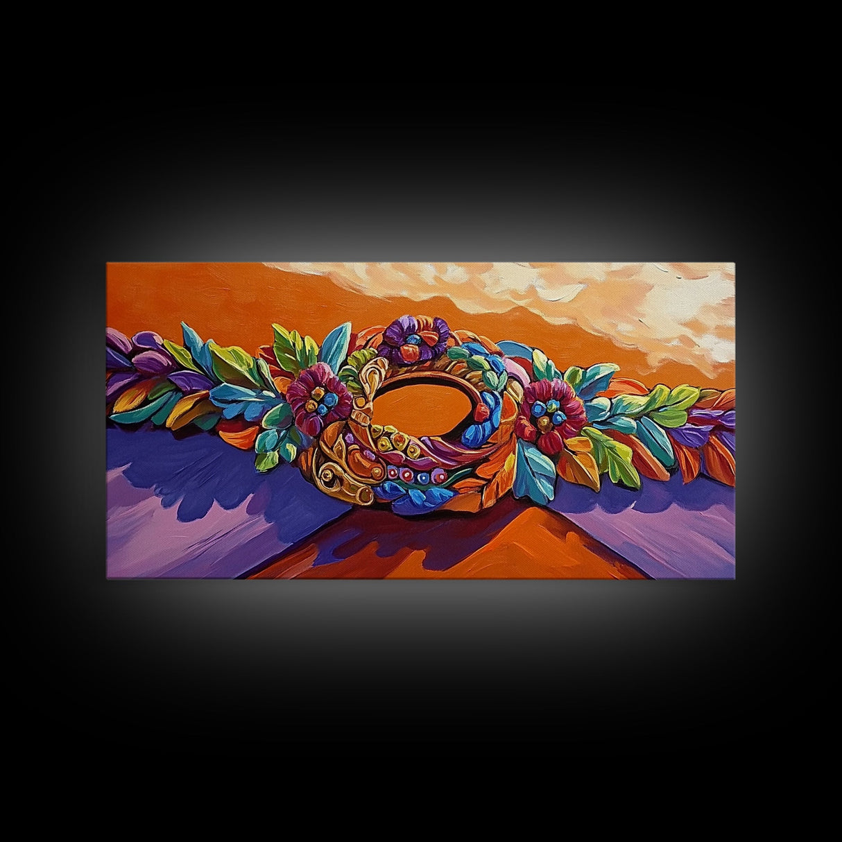 Wreath Orange, Floral, Framed Canvas Print, Bright Floral Crown Wall Decor, Whimsical Art Style, Bohemian Bedroom Artwork