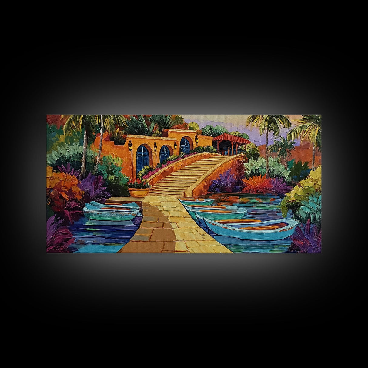Tropical Boats, Colorful, Lagoon, Canvas Print, boats docked at tropical villa, Living Room Wall Art, vibrant coastal art, boho décor