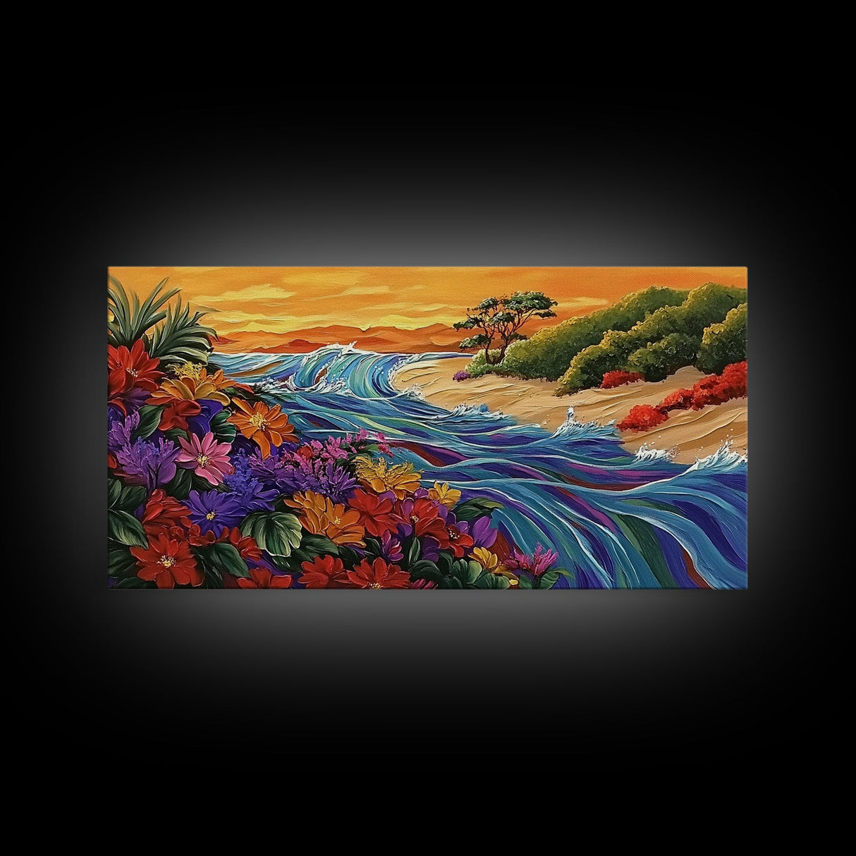 Wildflowers, Coastal Waves, Tropical Shore, Canvas Print, Floral Beach Art, Vibrant Living Room or Kitchen Wall Decor