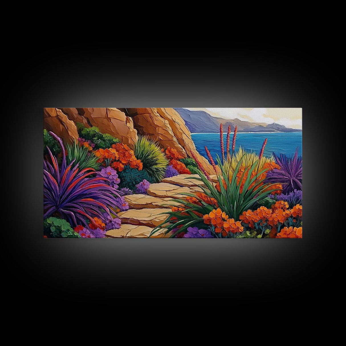 Floral Path, Coastal Trail, Ocean View, Framed Canvas Print, Bright Nature Wall Art, Vibrant Hallway or Kitchen Boho Decor