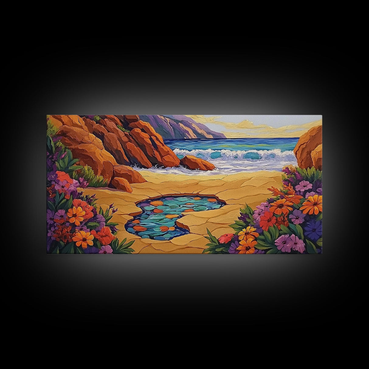 Tide Pool, Sandy Shore, Flower Beach, Canvas Print, Coastal Floral Wall Art, Vibrant Kitchen Art, Hallway Summer Decor