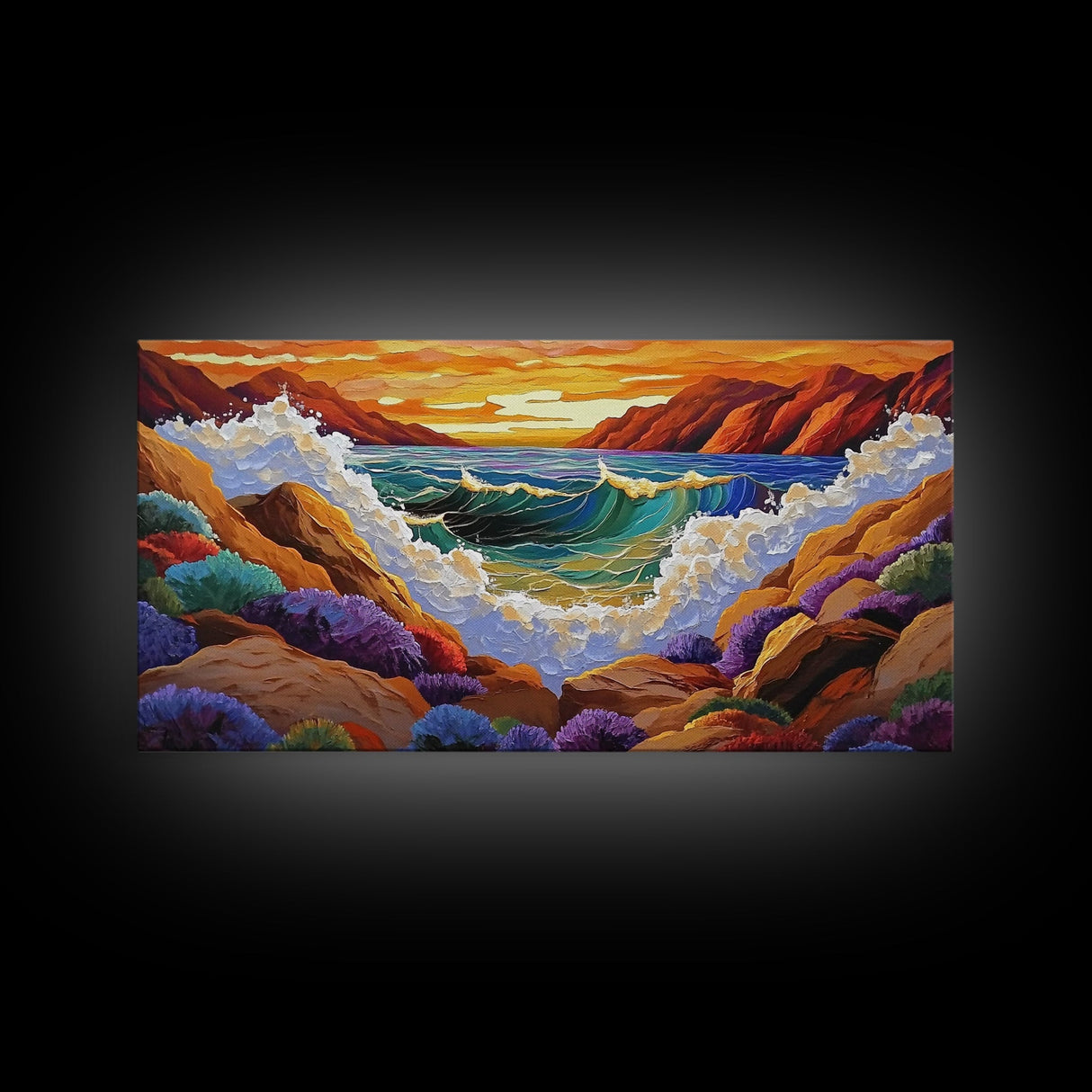 Wave Crash, Sunset Coast, Rocky Horizon, Canvas Print, Dramatic Seascape Wall Art, Ocean Inspired Living Room Art, Study Decor