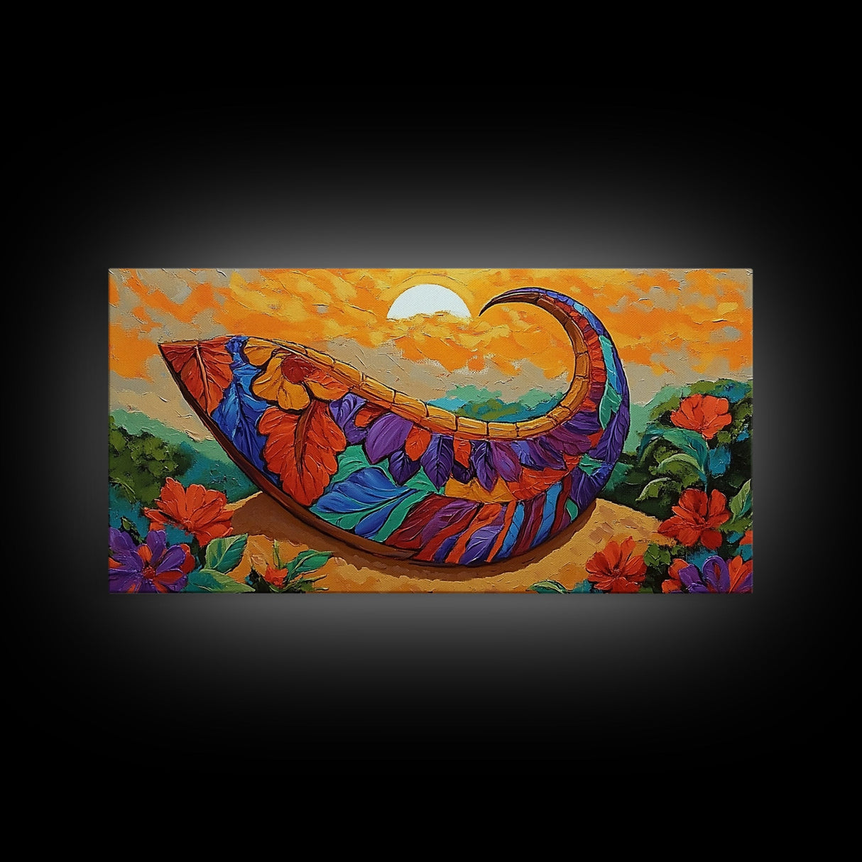 Harvest Sunset, Cornucopia, Floral, Framed Canvas Print Thanksgiving wall art, vibrant boho painting, Fall kitchen decor, rustic style