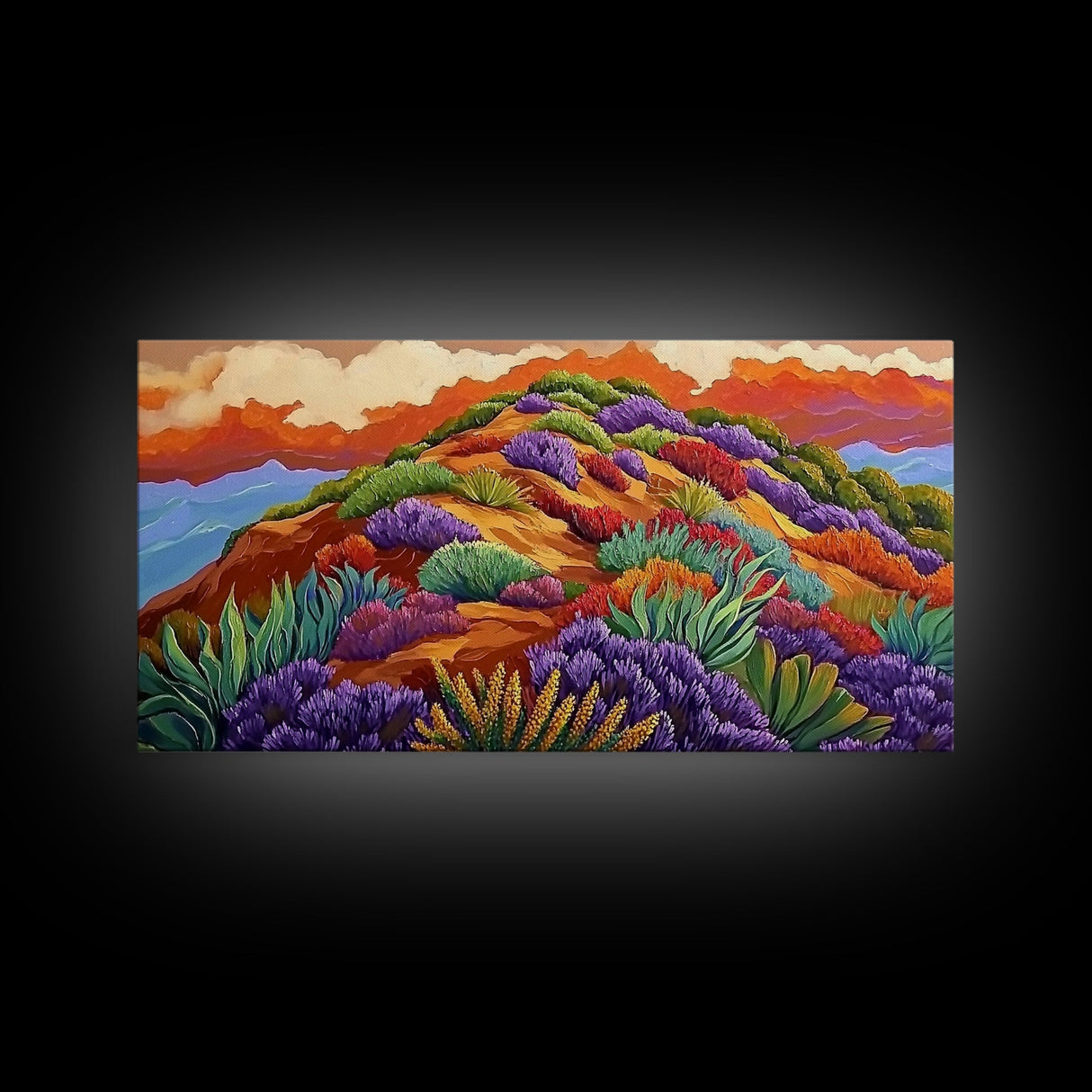 Wildflower Mountain, Sunrise, Hillside, Framed Canvas Print Bold desert landscape, colorful botanical art, boho Fall bedroom decor