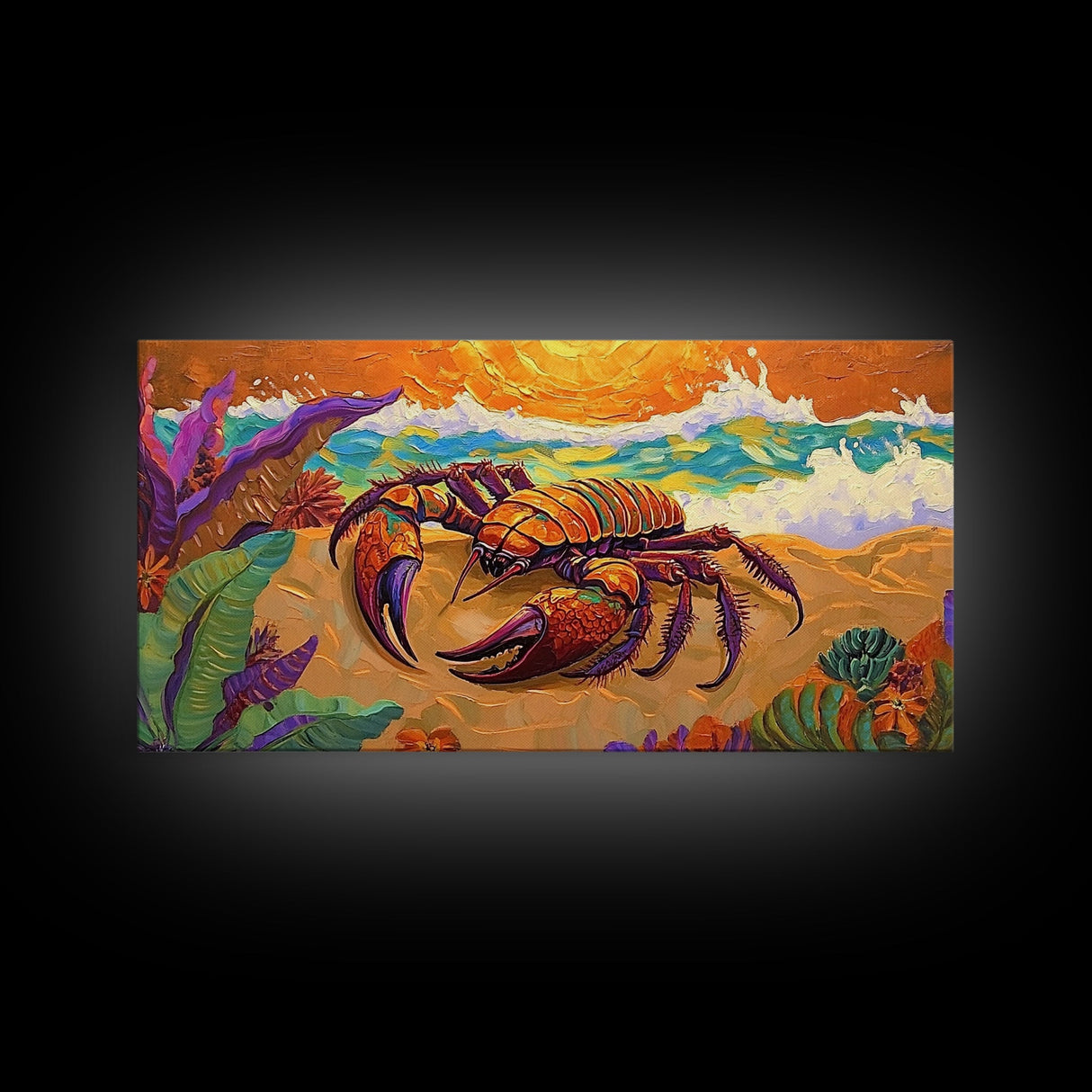 Lobster Beach, Vibrant, Framed Canvas Print, Nautical Coastal Art, Living Room Wall Decor, Tropical Lobster Painting, Bold Ocean Art
