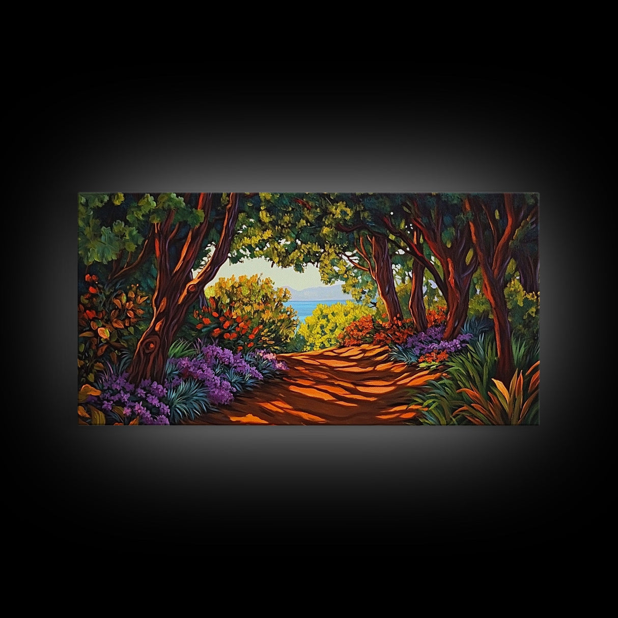 Trees Path, Ocean, Framed Canvas Print, Nature Trail Landscape Art, Peaceful Forest Wall Decor, Tranquil Boho Living Room Art