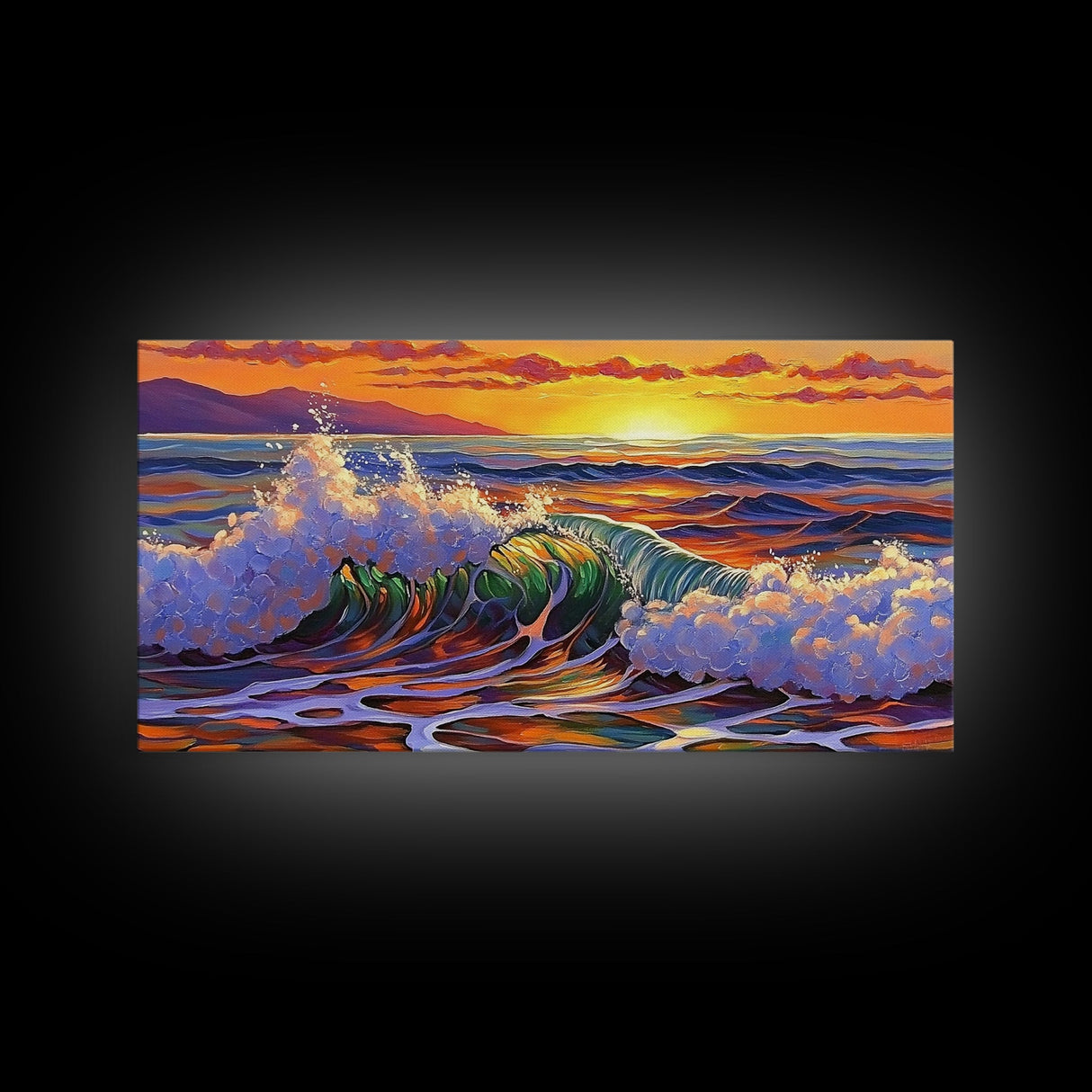 Wave Ocean, Sunset, Surf, Framed Canvas Print, tropical wave wall decor, surf boho art, vibrant beach bathroom or office wall art