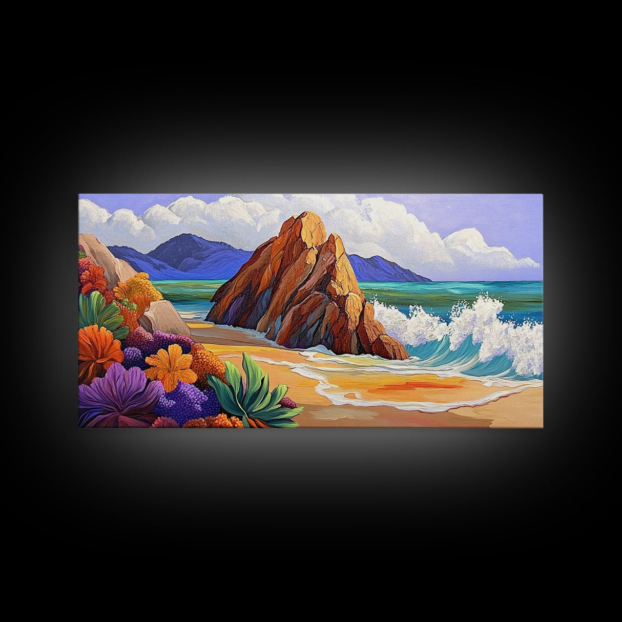Rocks Beach, Flowers, Ocean, Framed Canvas Print, colorful tropical seascape, modern coastal wall art, bright nature themed decor