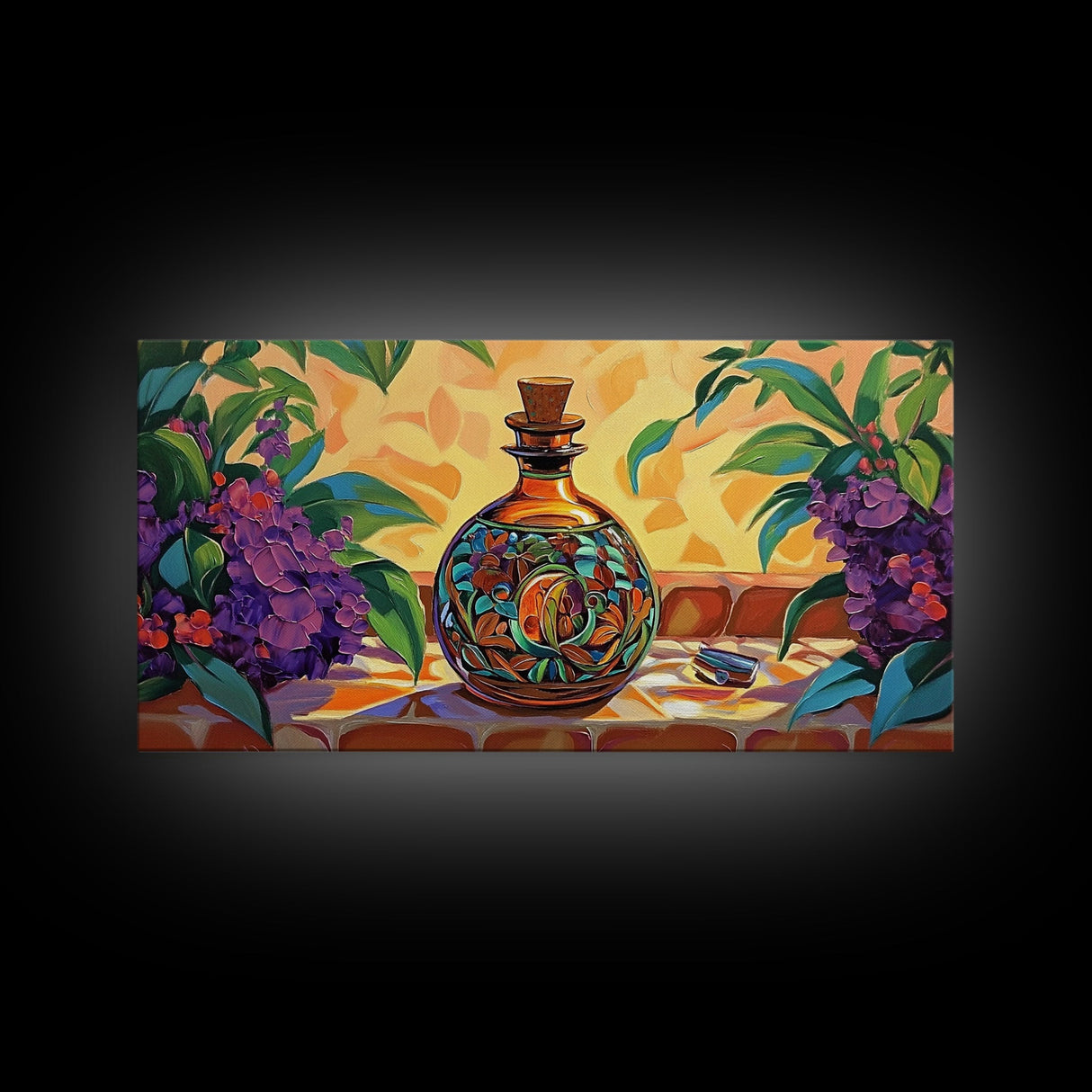 Tequila Bottle, Floral, Decor, Framed Canvas Print, Mexican kitchen wall art, vibrant bottle painting, fiesta bar wall boho artwork