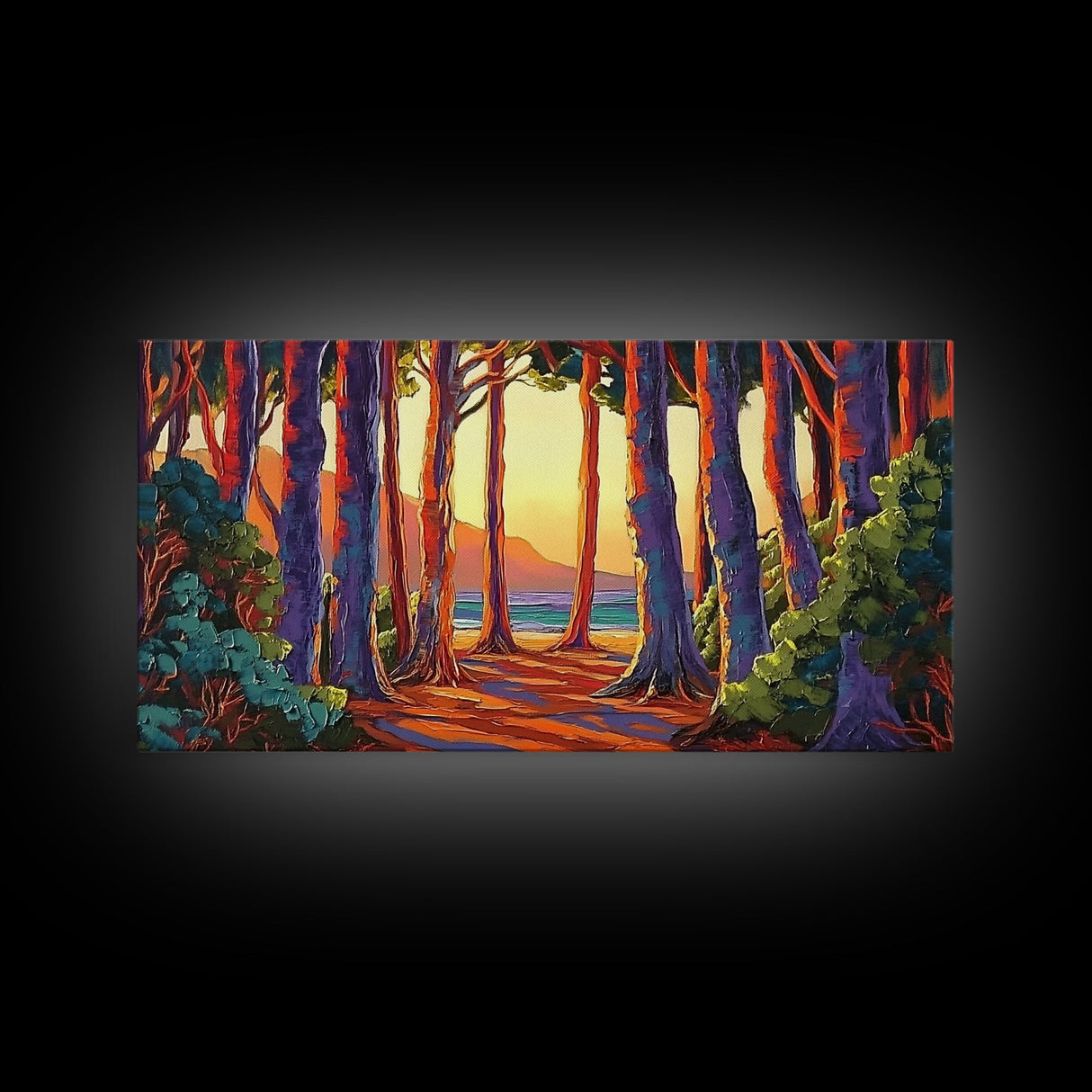 Trees Forest, Ocean, Sunset, Coastal Forest Path Framed Canvas Print, Nature Lover Wall Art, Cabin Decor, Fall Living Room Art