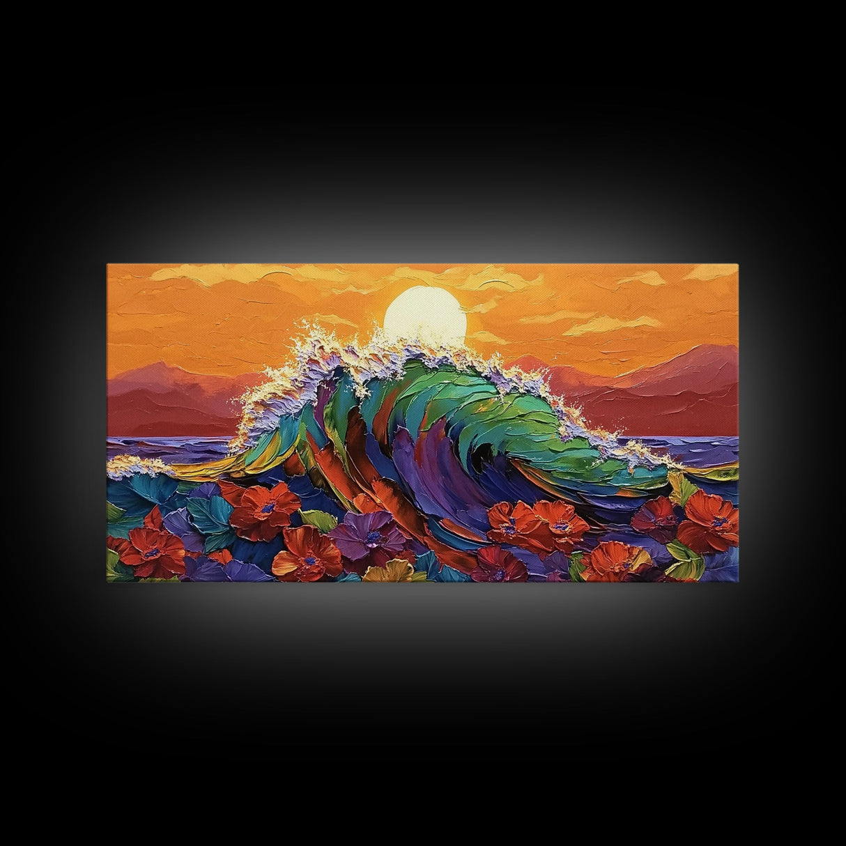 Sunset Wave, Floral, Ocean, Canvas Print, Tropical beach flower art, vibrant ocean wave decor, living room painting, sunset seascape