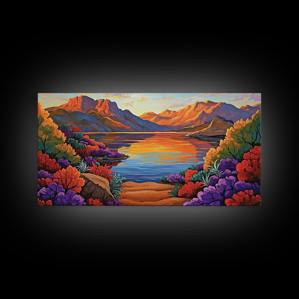 Lake Sunset, Desert, Mountains, Framed Canvas Print, colorful landscape wall decor, boho living room art, nature lovers gift