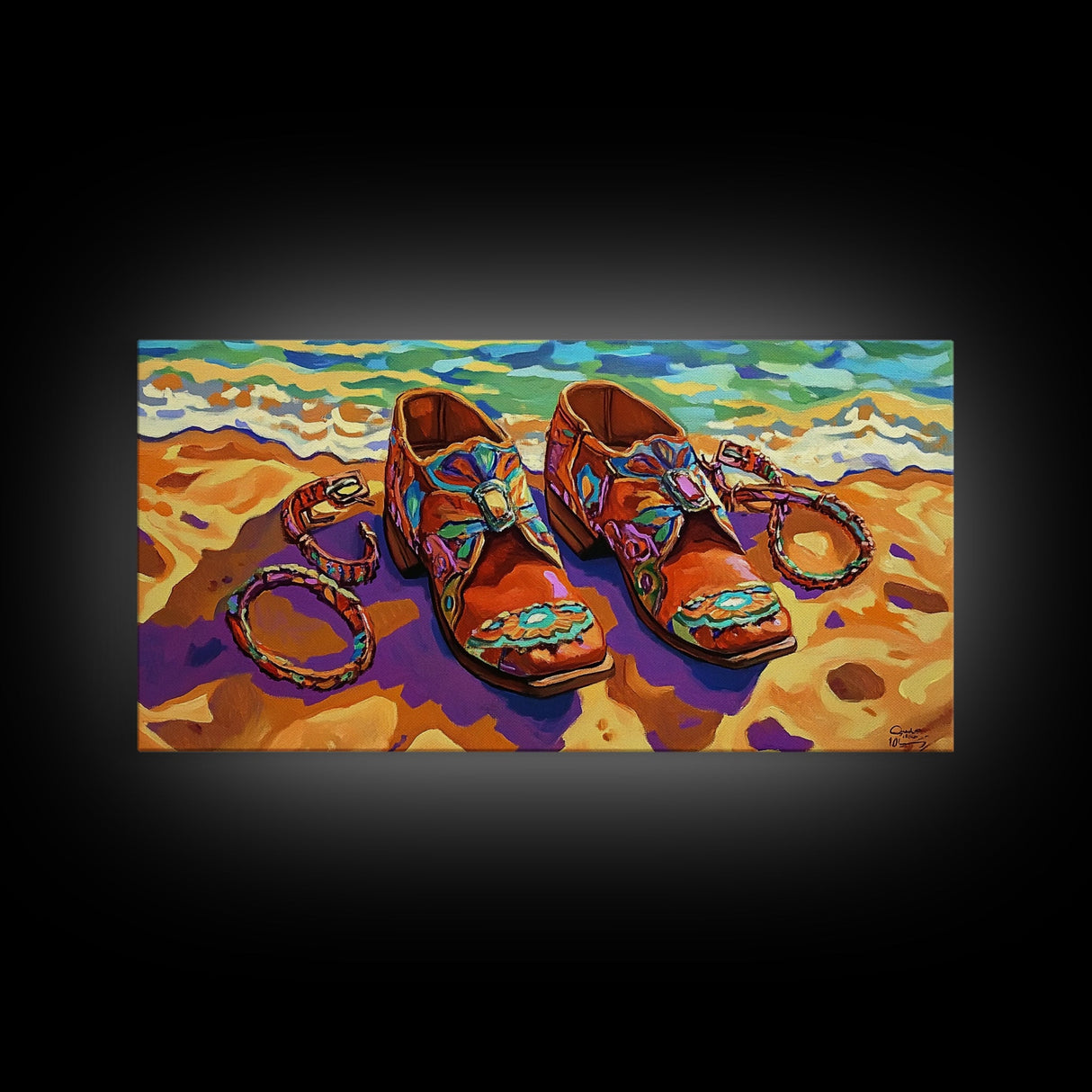 Shoes Beach, Jewelry, Colorful, Framed Canvas Print, southwest fashion art, boutique style, walk-in closet art, fashion studio wall art