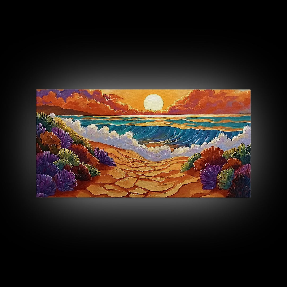 Beach Ocean, Sunrise, Coastal Path, Framed Canvas Print, Vibrant Seaside Art, Bathroom Wall Decor, Nature Landscape, Colorful Waves