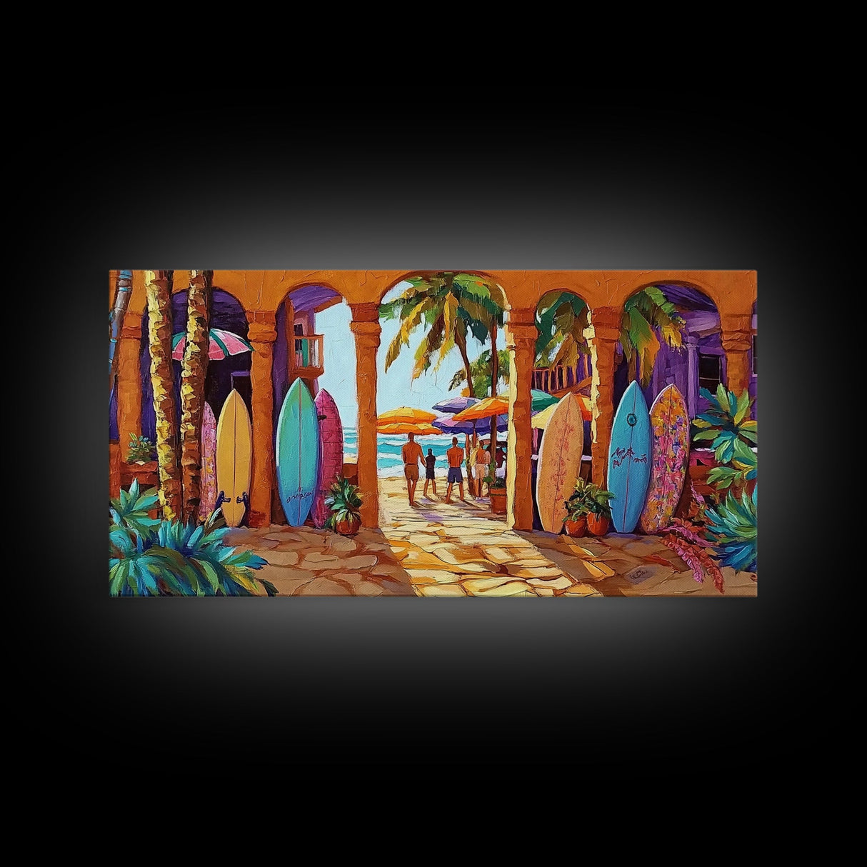 Surfboards Beach, Tropical, Colorful Life, Framed Canvas Print, Coastal Art, Entryway Wall Decor, Surf Shack Vibes, Tropical Summer