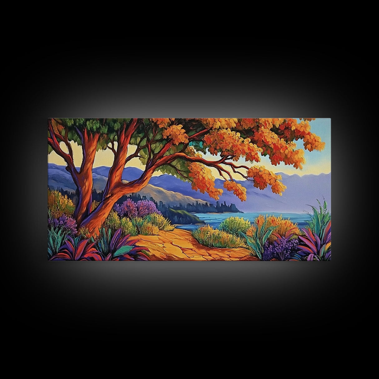 Tree Ocean, Autumn, Path, Coastal autumn treescape, Canvas Print, Warm Fall Tones, Nature Lover Gift, Living Room or Study Art