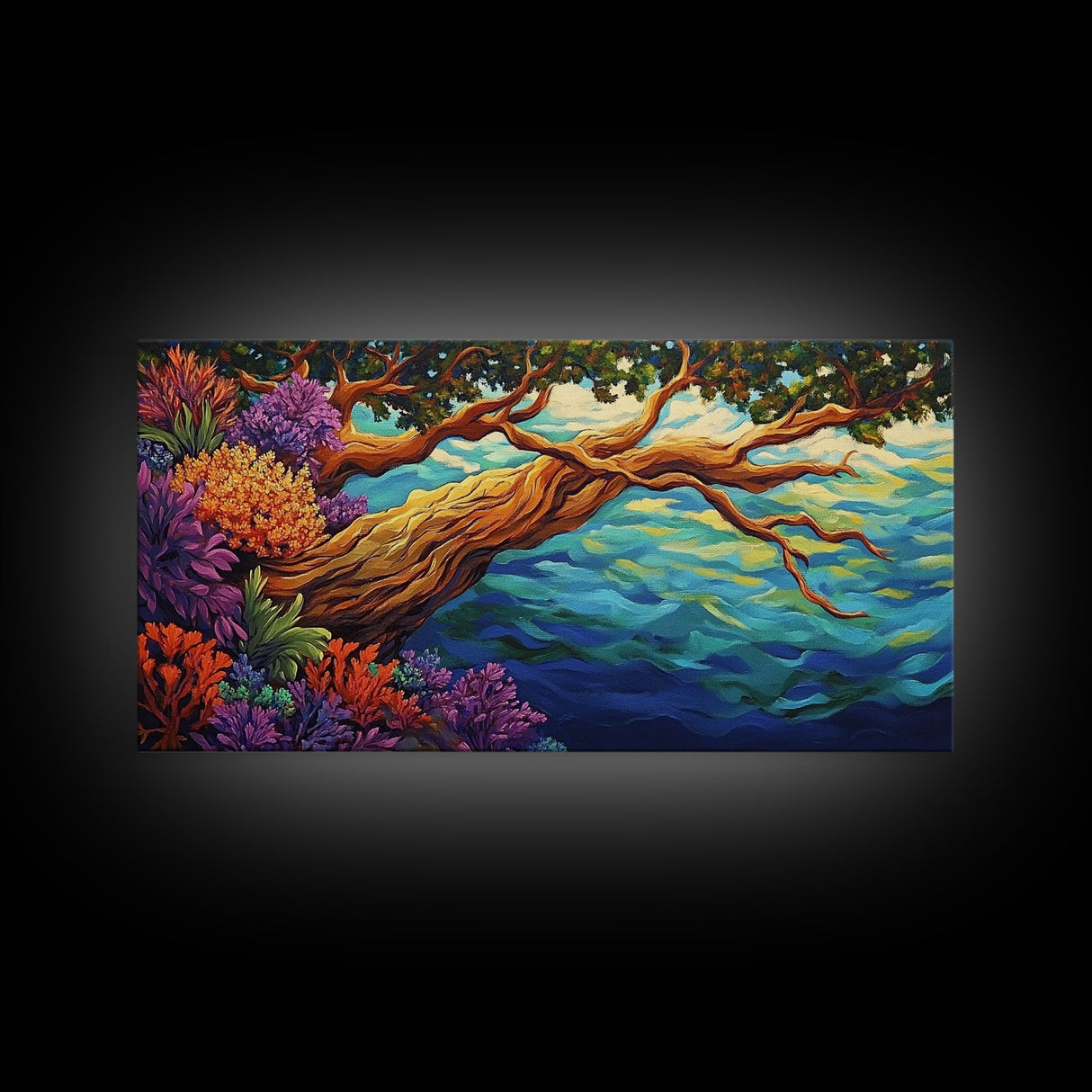 Tree, Ocean, Cliffside, Wildflowers, Framed Canvas Print, Vibrant ocean view, coastal tree decor, autumn style living room wall art