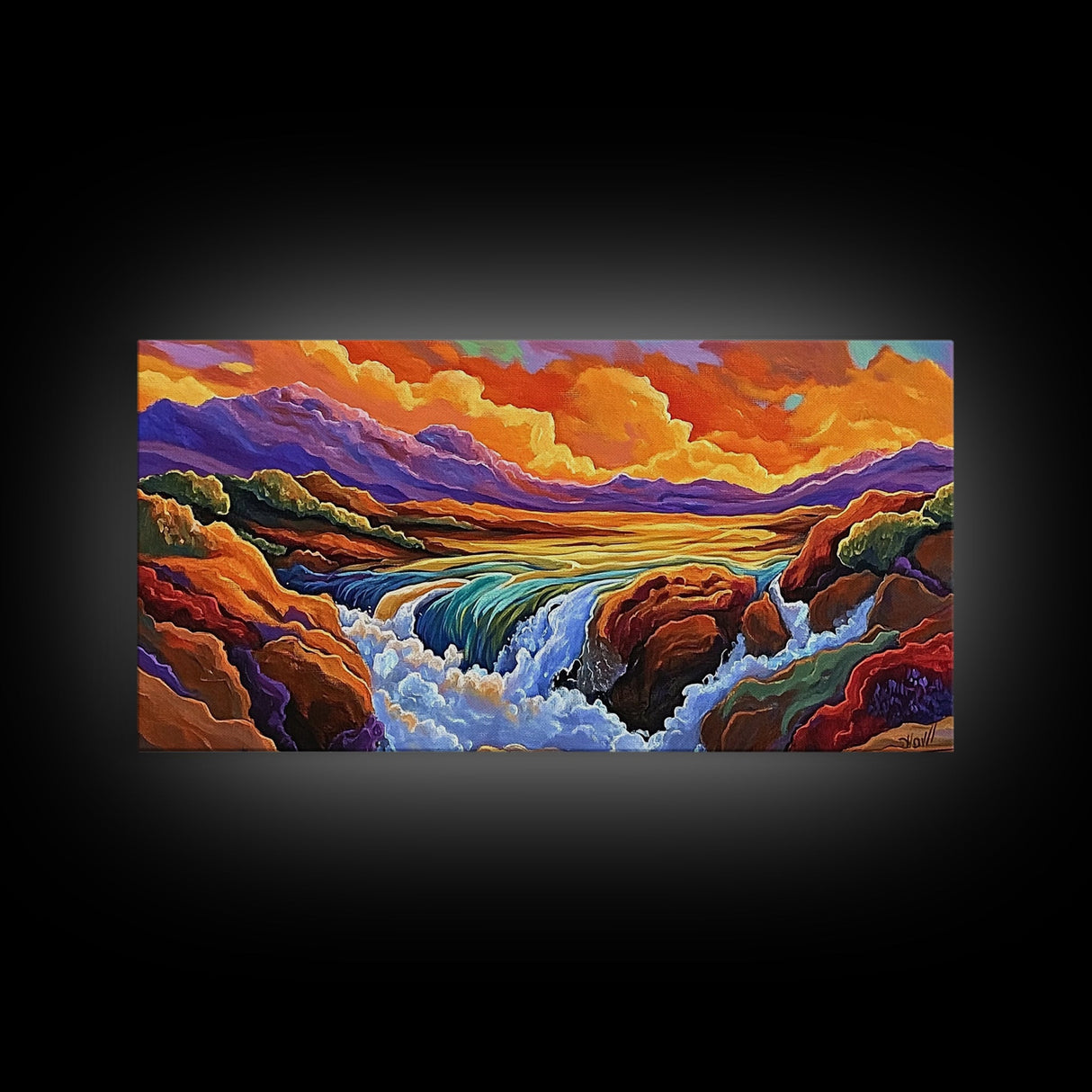 Sunset, Waterfall, Mountains, Autumn, Framed Canvas Print, Mountain sunset wall decor, autumn river art, rustic boho living room art