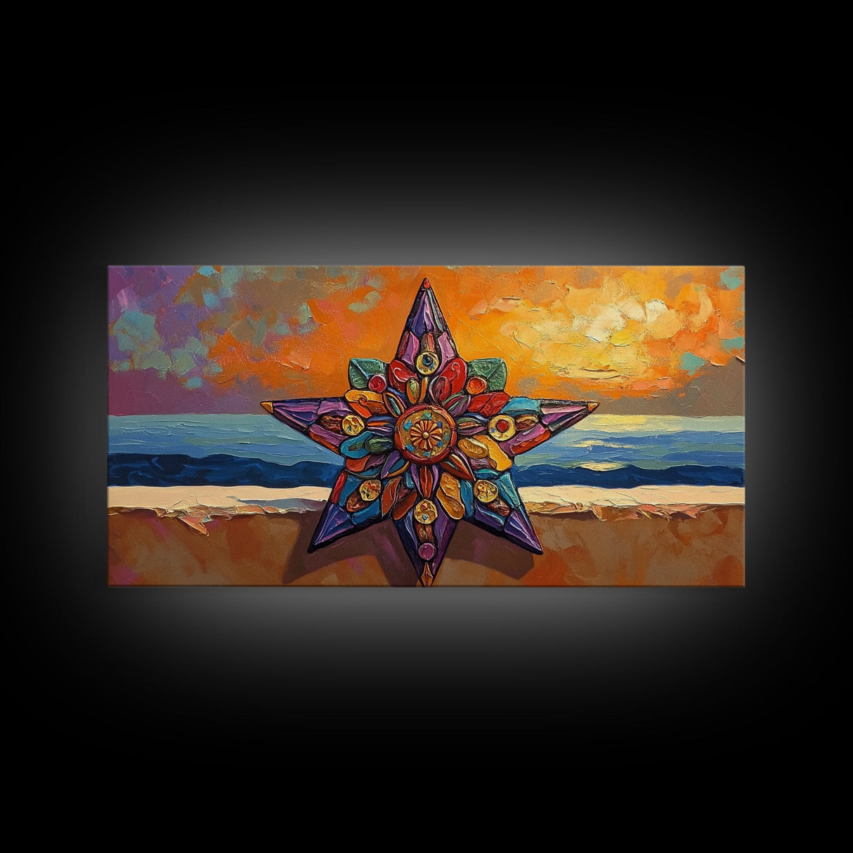 Star Sunset, Ocean, Mandala, Framed Canvas Print vibrant boho wall art, coastal living room decor, sunset mandala beach house artwork