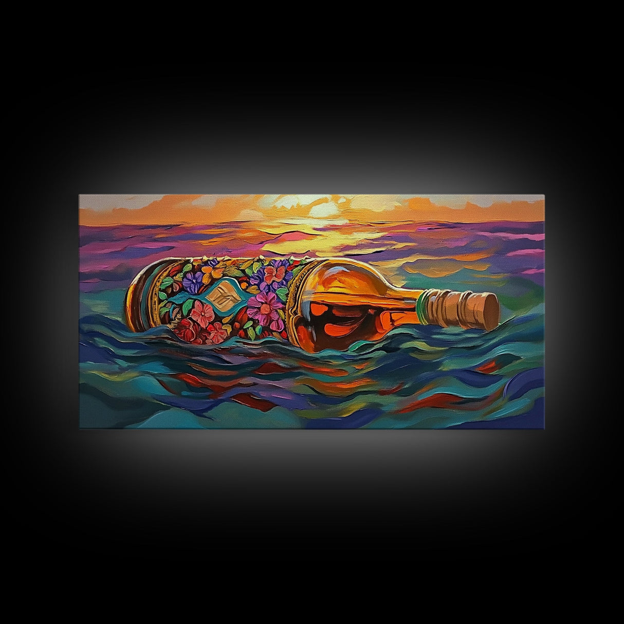 Bottle Ocean, Sunset, Flowers, Framed Canvas Print tropical beach bathroom decor, coastal boho wall art, floral message bottle painting