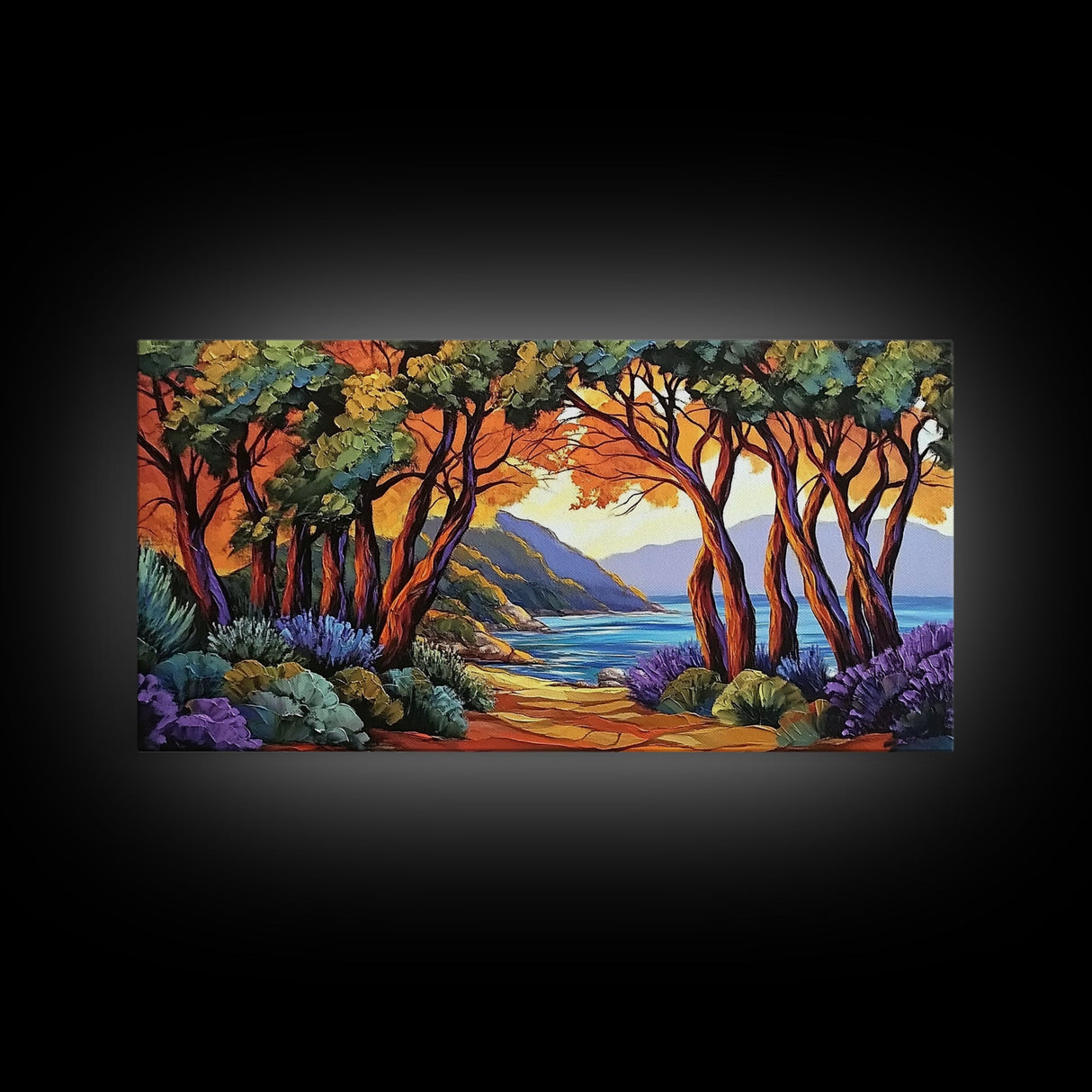 Trees Autumn, Ocean Trail, Canvas Print, Fall landscape, trees leading to ocean view, colorful palette, Living Room Wall Art