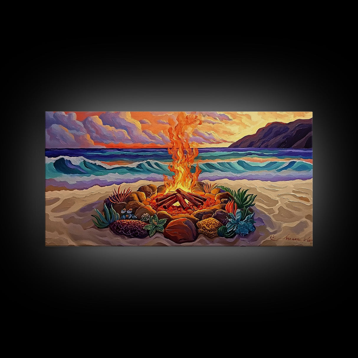 Beach Campfire, Sunset, Tropical Vibes, island evening Canvas Print, fall boho decor, colorful beach firepit living room wall art