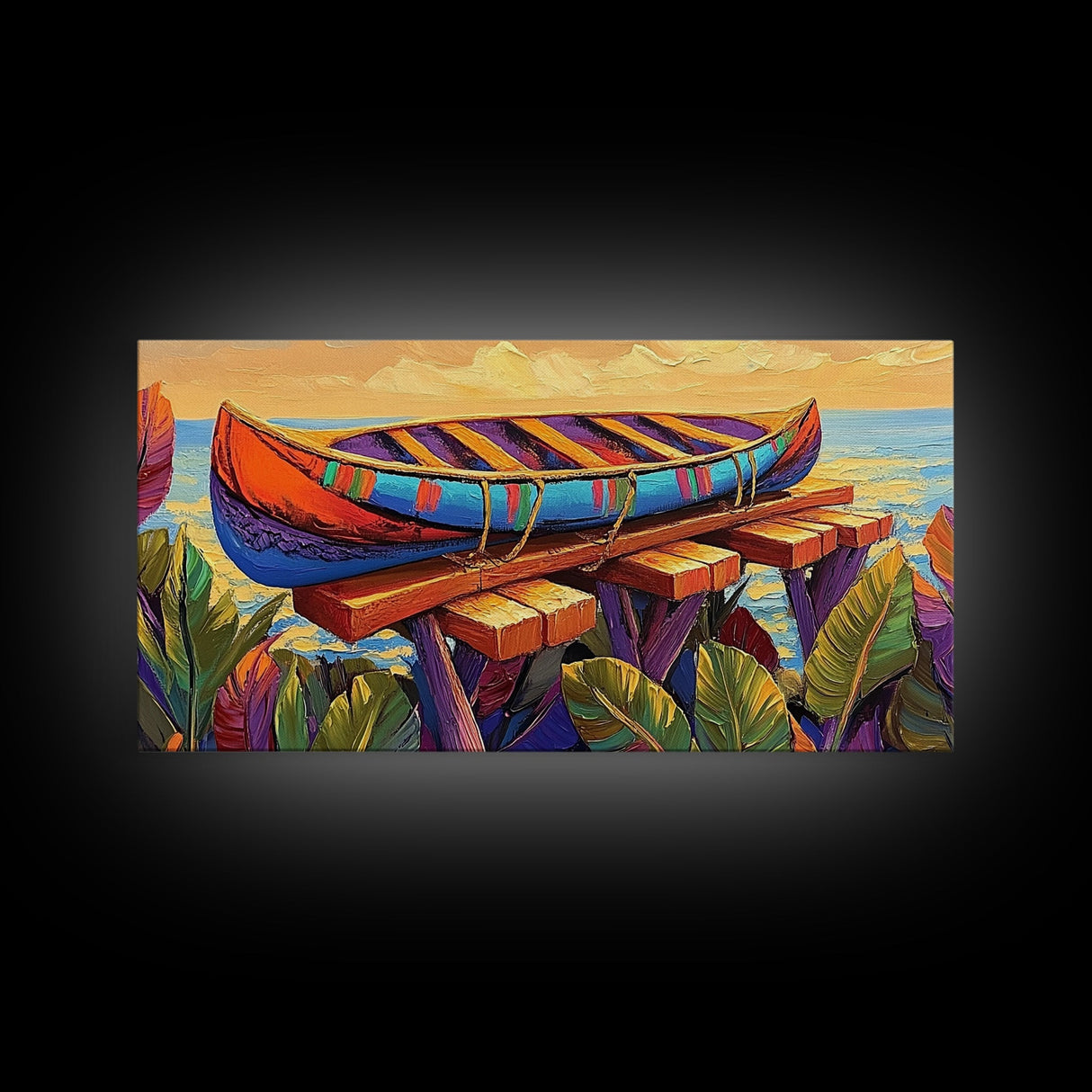 Canoe Dock, Ocean, Bold Palette, vibrant tropical Canvas Print, nautical boho art, playful beach house wall decor, summer vibes