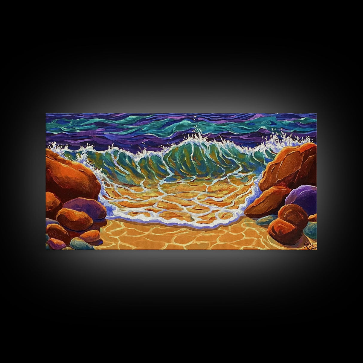Wave Shoreline, Rocks, Splash, Vibrant ocean wall art, coastal home decor, Canvas Print, bathroom beach art, bold seascape painting