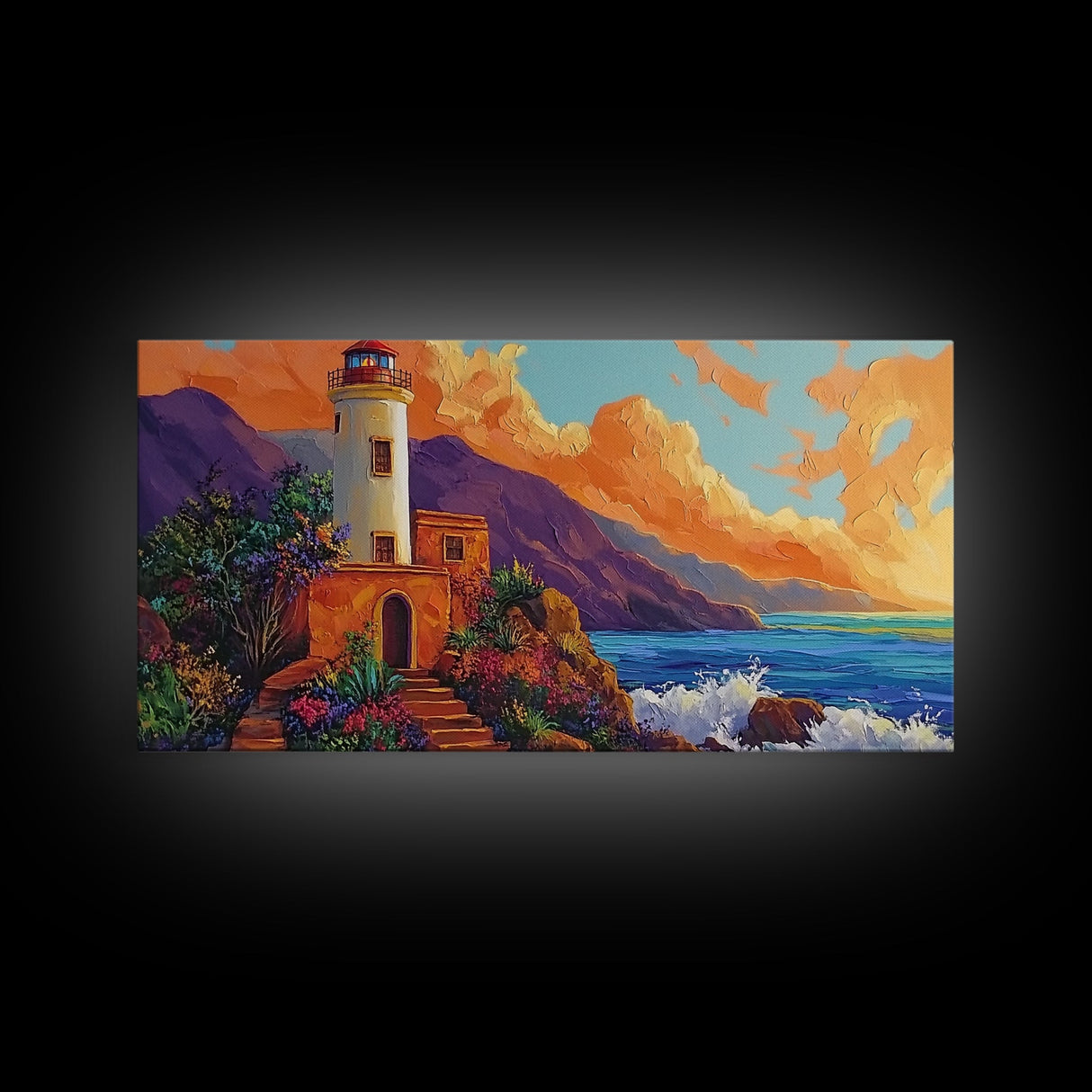 Lighthouse Ocean, Sunset, Cliff, Coastal lighthouse Canvas Print, living room seascape painting, nautical wall decor, sunset vibes art