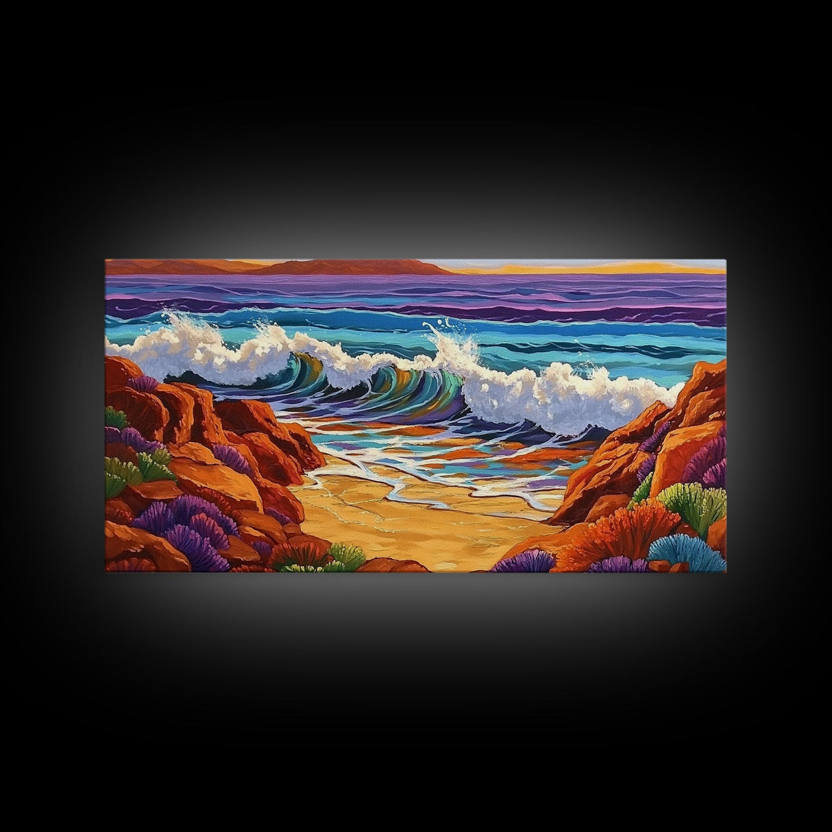 Surf Shoreline, Rocks, Sunset, Vibrant coastal Canvas Print, wave crashing beach art, living room ocean scene, colorful boho seascape