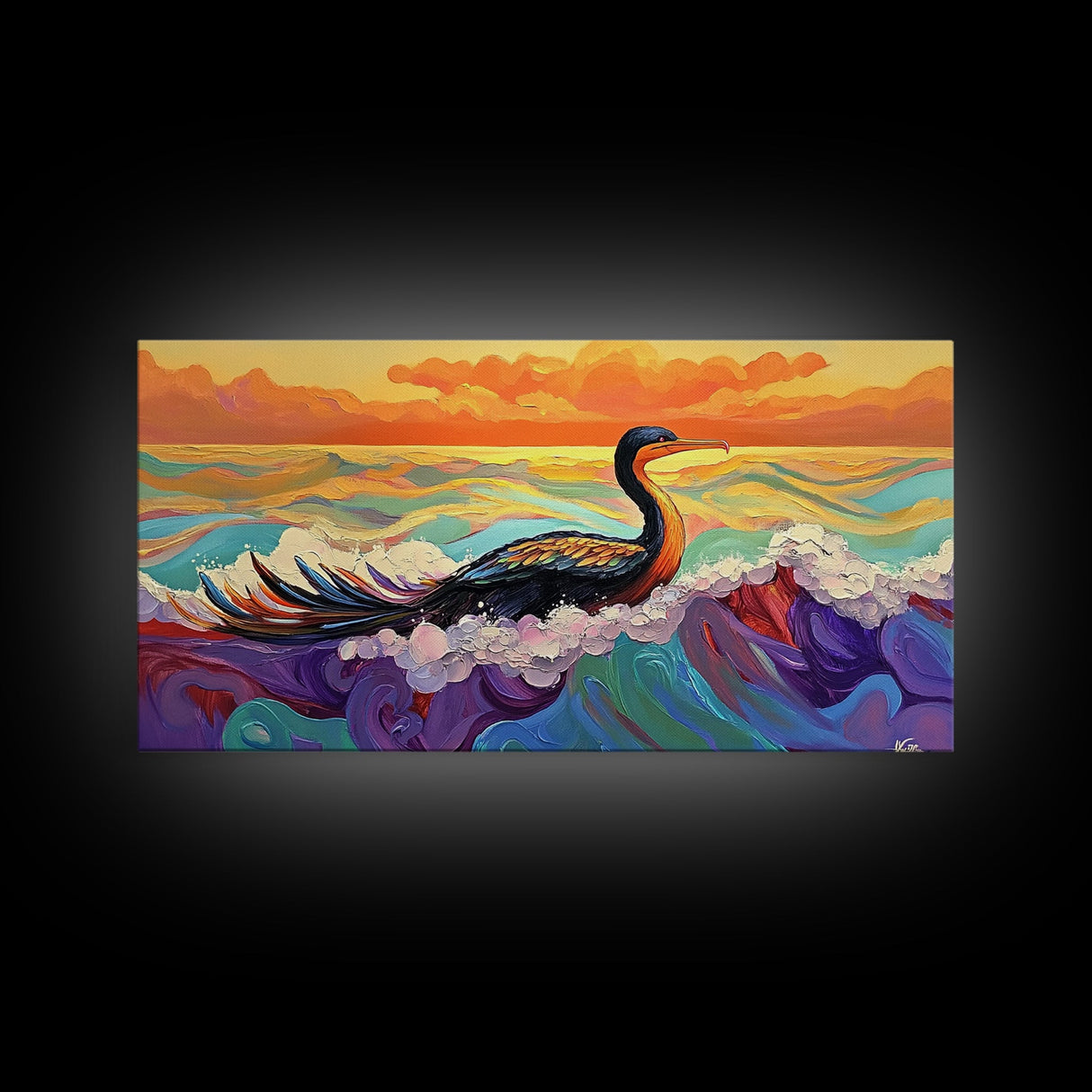 Ocean Bird, Sunset, Framed Canvas Print, Vibrant seabird in waves sunset seascape painting, Colorful Coastal Decor, Bathroom Wall Art