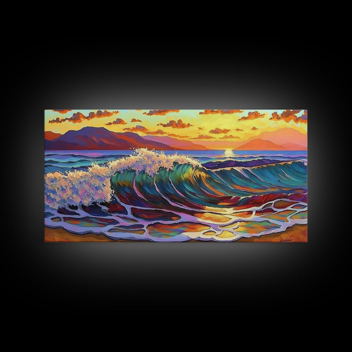 Waves Surf, Sunset, Framed Canvas Print, Colorful crashing wave with glowing sunset sky, Coastal Surfer Decor, Beach House Wall Art