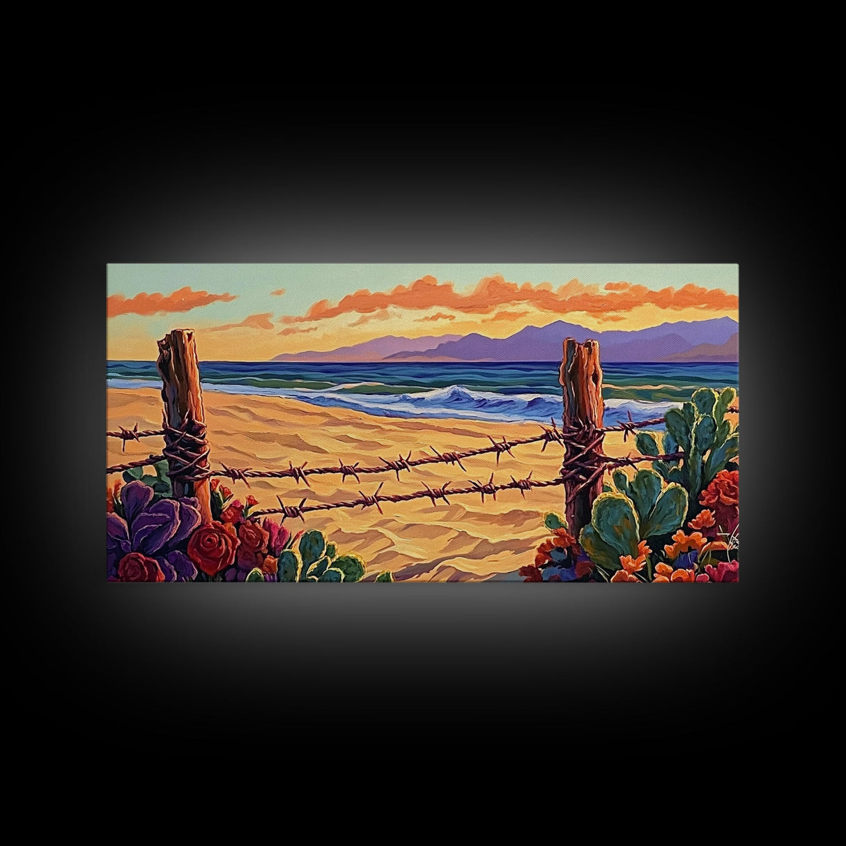 Beach Cactus, Fence, Framed Canvas Print, Vibrant Desert Beach Landscape, Colorful Boho Western Decor, Southwestern Living Room Art