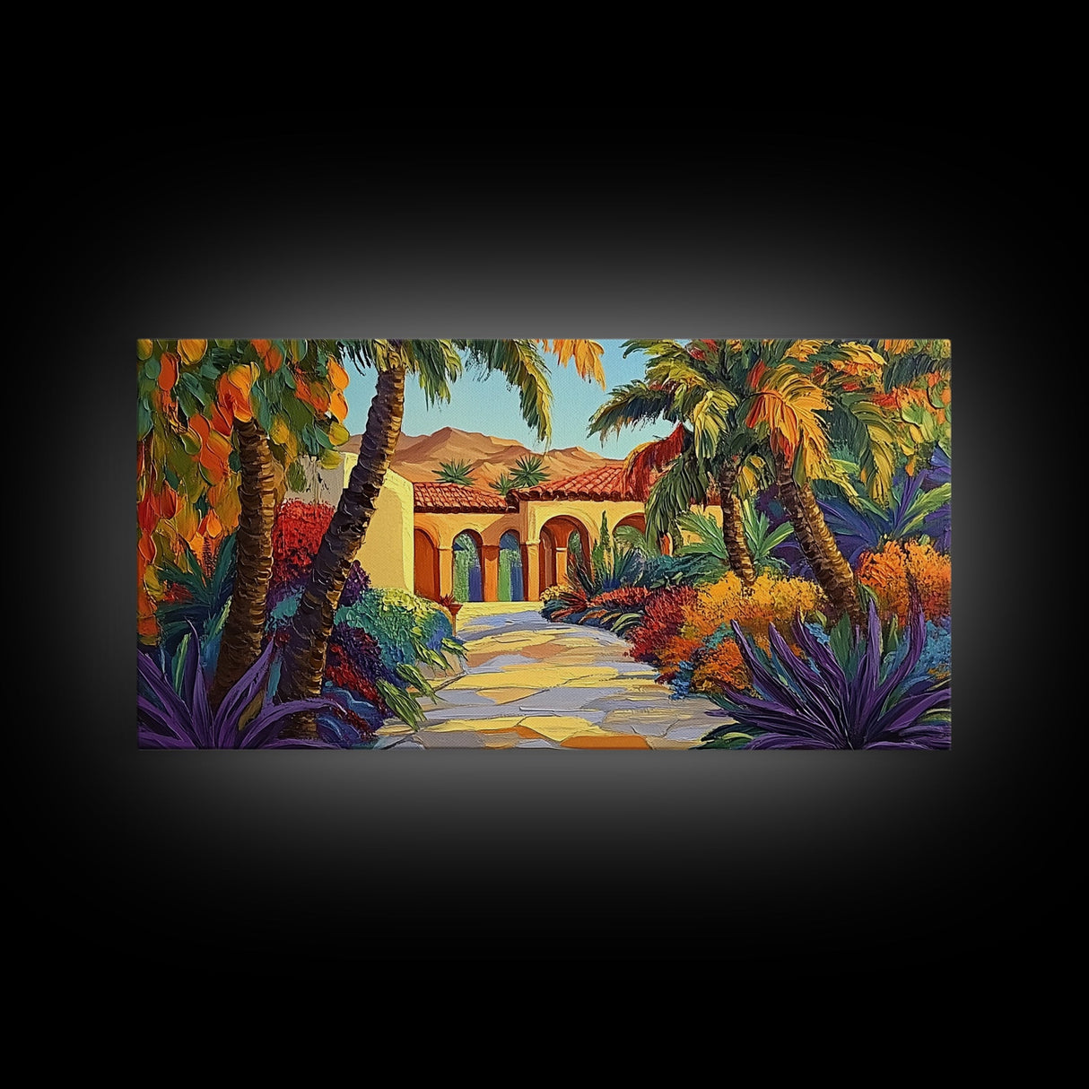 Villa Garden, Palms, Path, Framed Canvas Print, tropical courtyard scene, Mediterranean decor, living room wall art, villa painting