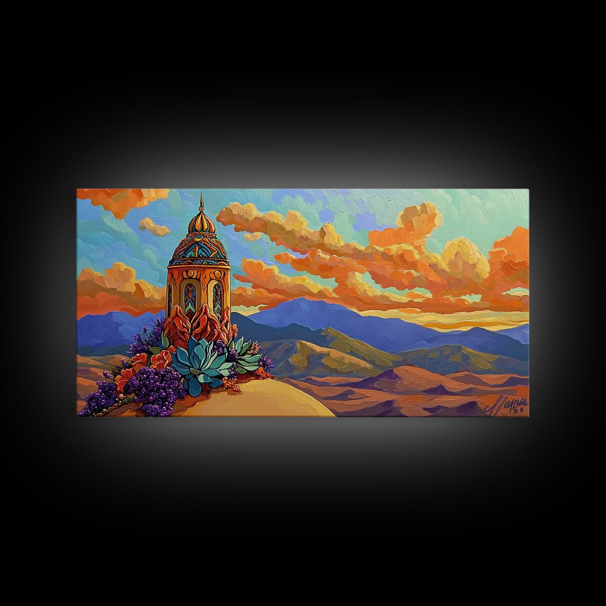 Tower Mountains, Sky, Clouds, Canvas Print, whimsical turret landscape, pastel sky art, colorful fantasy decor, study wall art